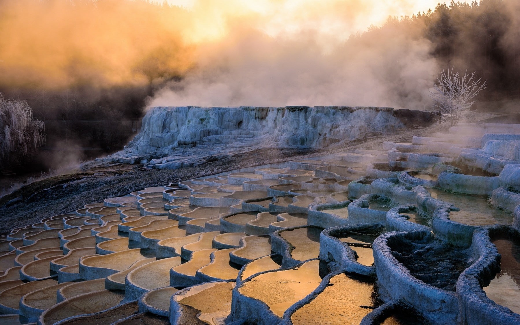 hot, water, hot spring, mist, terraces, sunrise, 1800x1125, landscape, spring, 720P, pamukkale, nature, HD Wallpaper