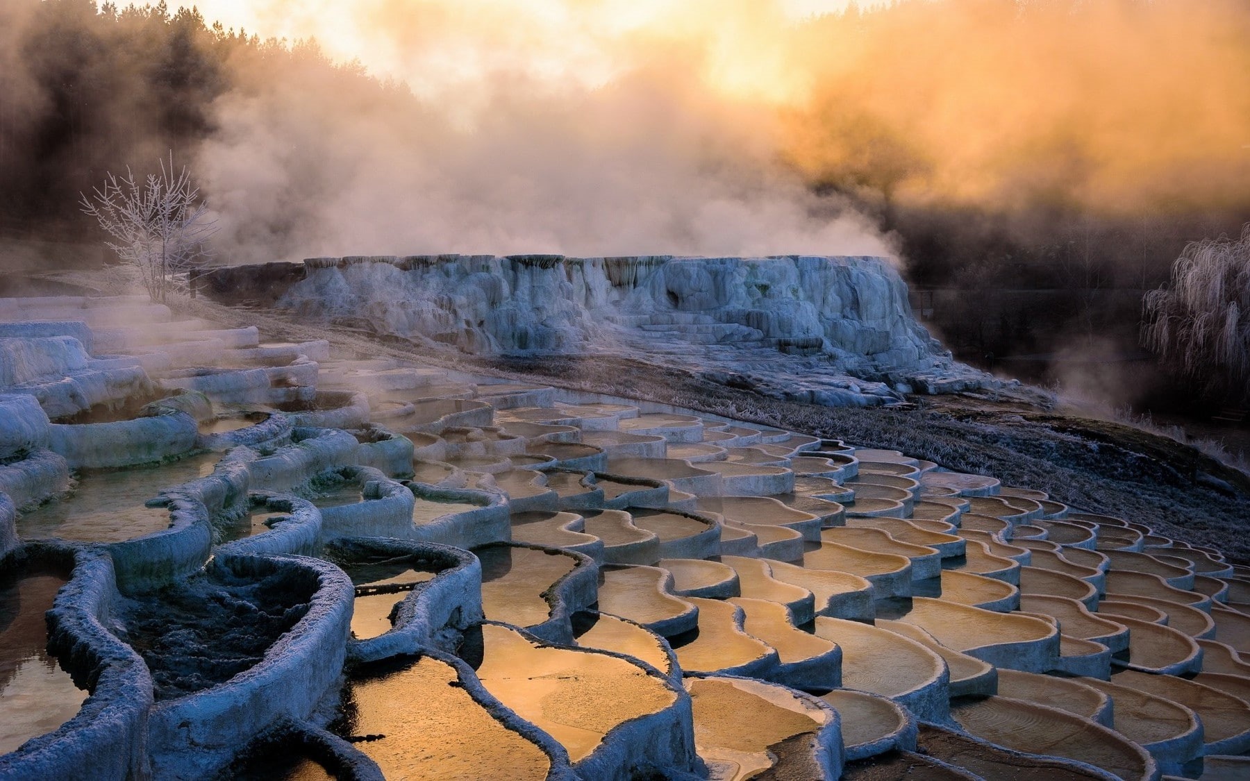 Pamukkale, 720P, scenics - nature, steam, no people, power in nature, sunrise, mist, geyser, nature, Hot Spring, heat - temperature, water, physical geography, HD Wallpaper