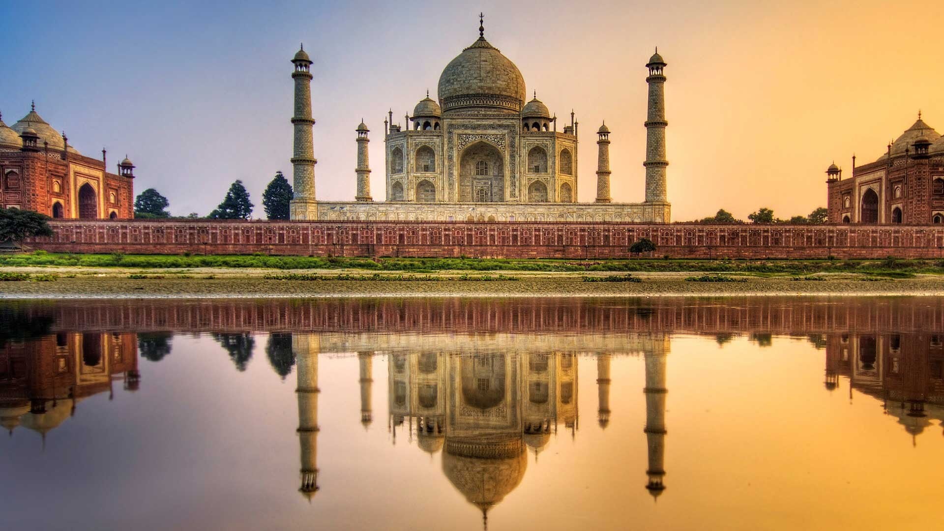 sky, travel destinations, Asian architecture, built structure, lake, tourism, building exterior, history, sunset, Taj Mahal, the past, 1080P, religion, HD Wallpaper