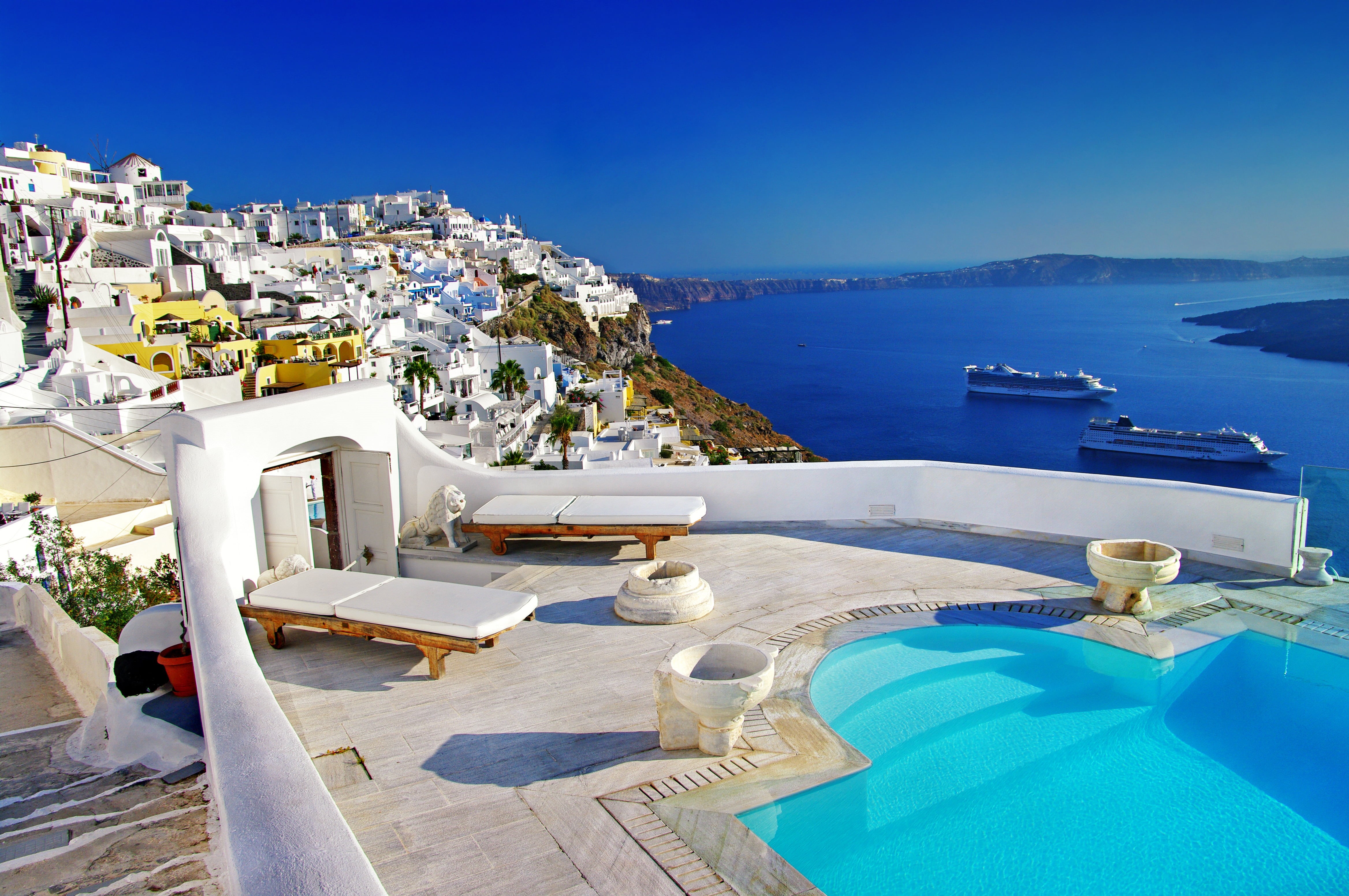 town, aegean Islands, greek Culture, orthodox Church, 4K, villa, chair, church, idyllic, sky, water, mediterranean Sea, white, greek Islands, tourism, HD Wallpaper