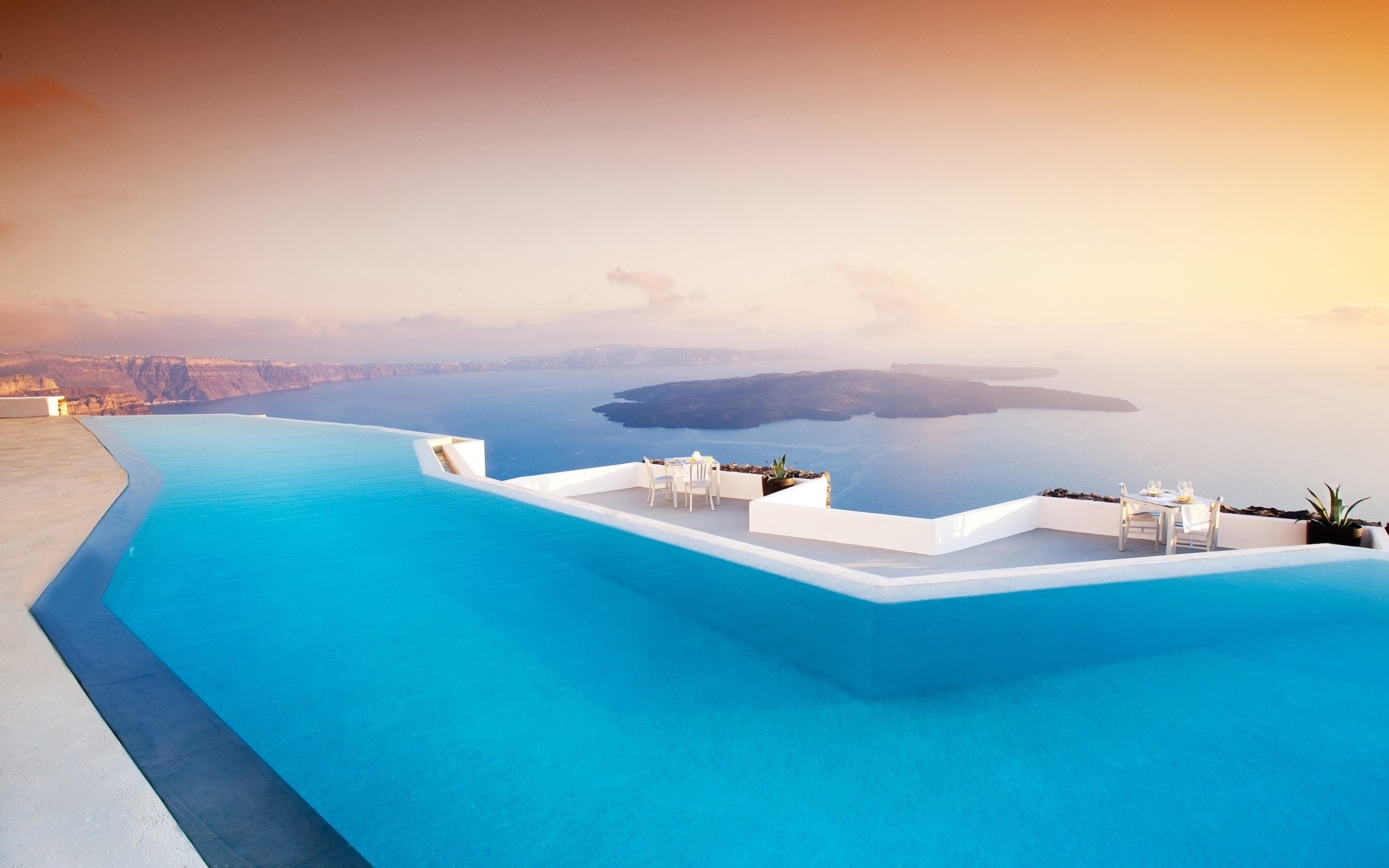 blue, swimming, pool, santorini, landscape, white, sea, 2K, HD Wallpaper