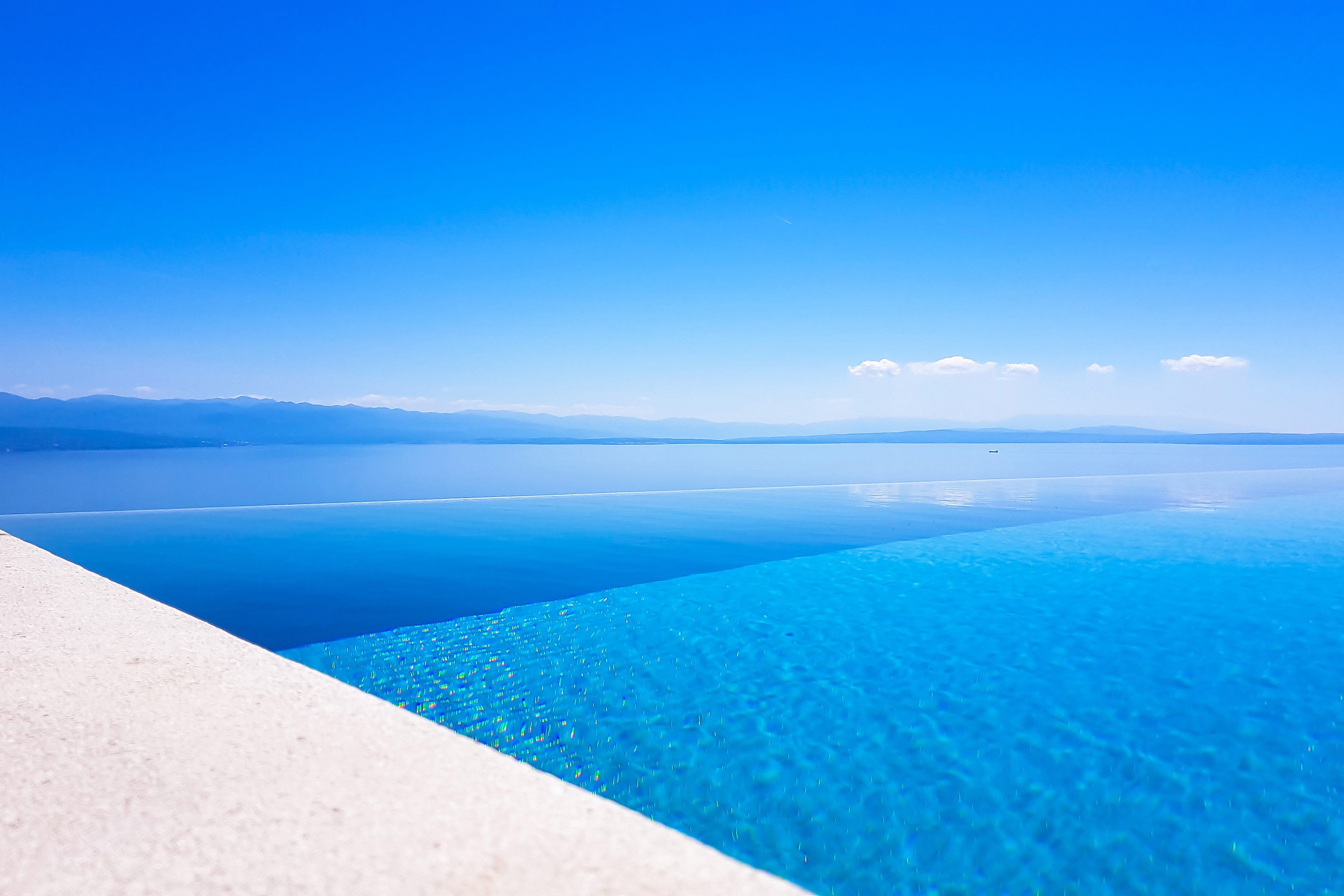 relaxation, hotel, sky, outdoors, various, travel destinations, summer vacation, Swimming pool, scenics, travel, no People, island, landscape, infinity pool, HD Wallpaper