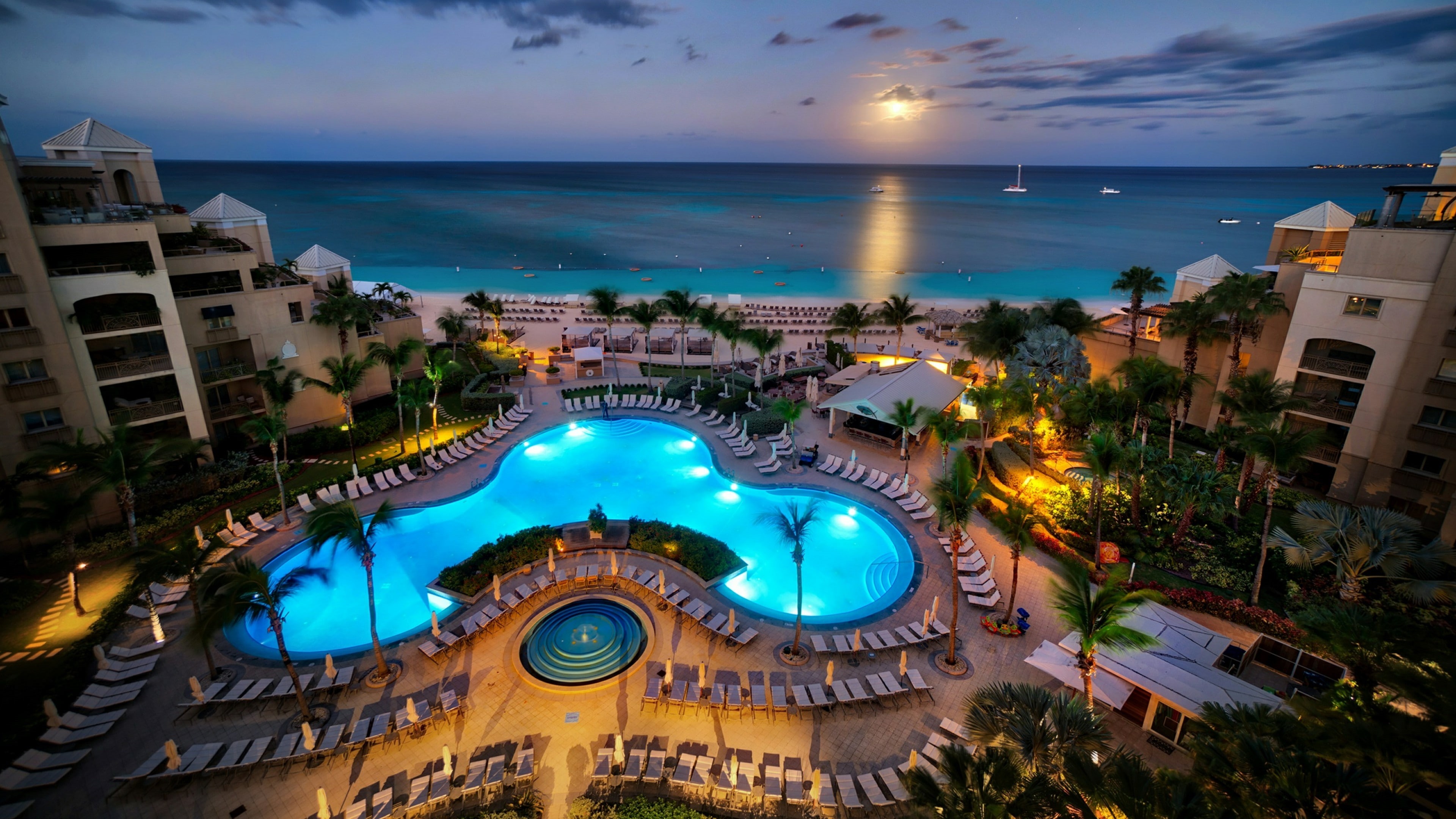 hotel, evening, sky, tourism, tropics, water, 4K, vacation, resort, cayman islands, leisure, city, swimming pool, night, HD Wallpaper