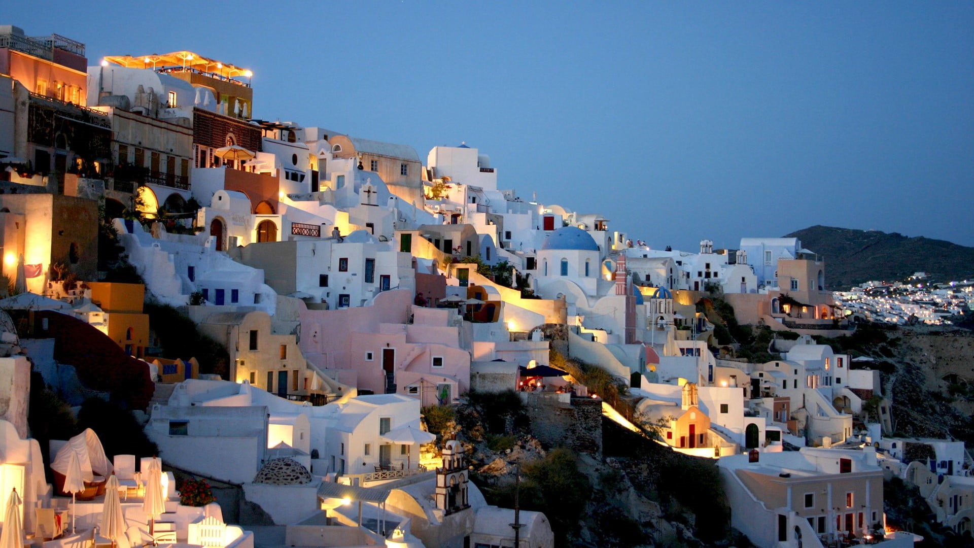 apartment, crowded, town, nature, clear sky, community, lights, cityscape, sunset, outdoors, brown, built structure, house, building, crowd, Santorini, HD Wallpaper