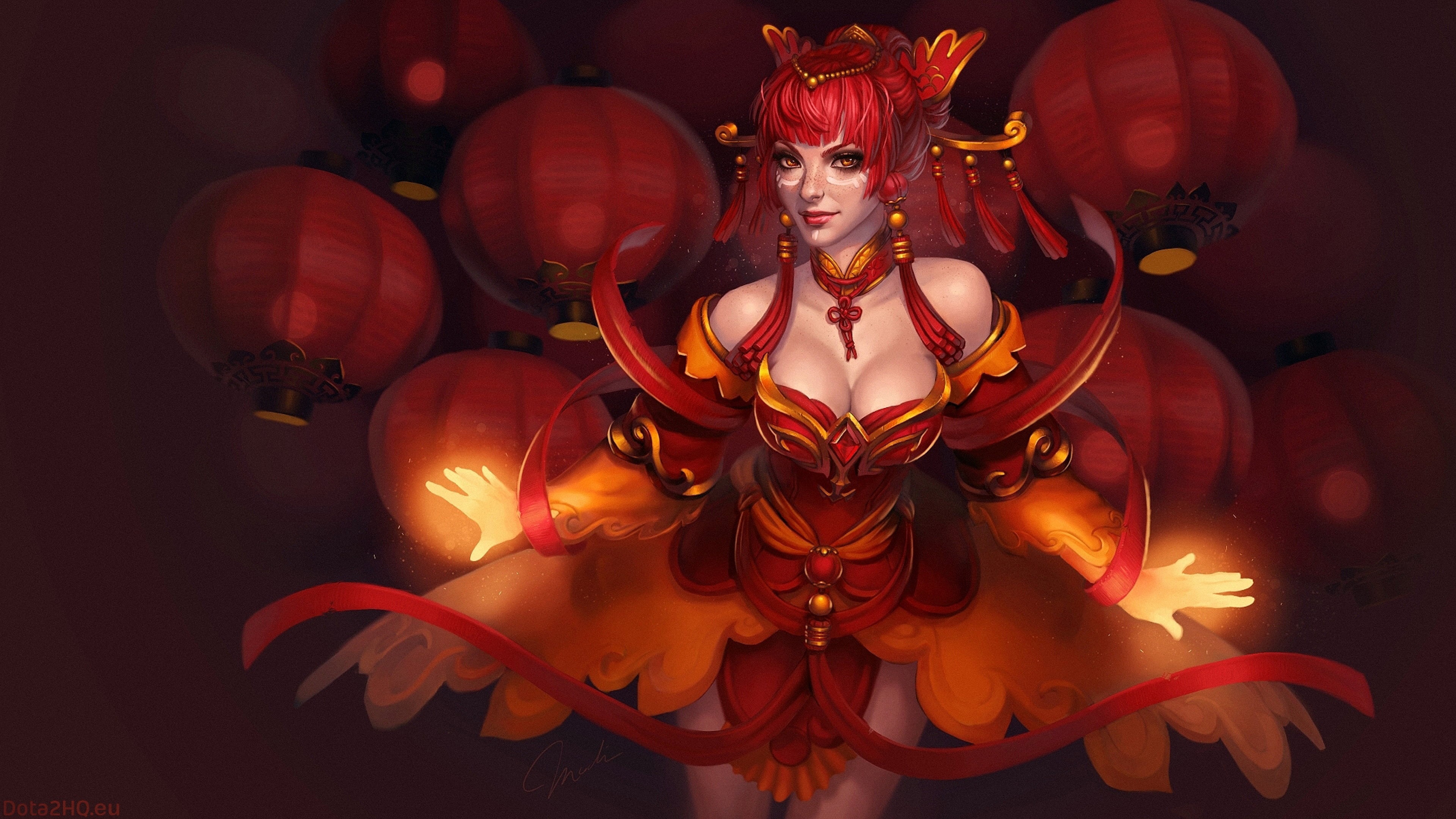 high, video, women, lina, costume, front view, clothing, hairstyle, dota, game, one person, beauty, ember, definition, red, fashion, adult, beautiful woman, HD Wallpaper