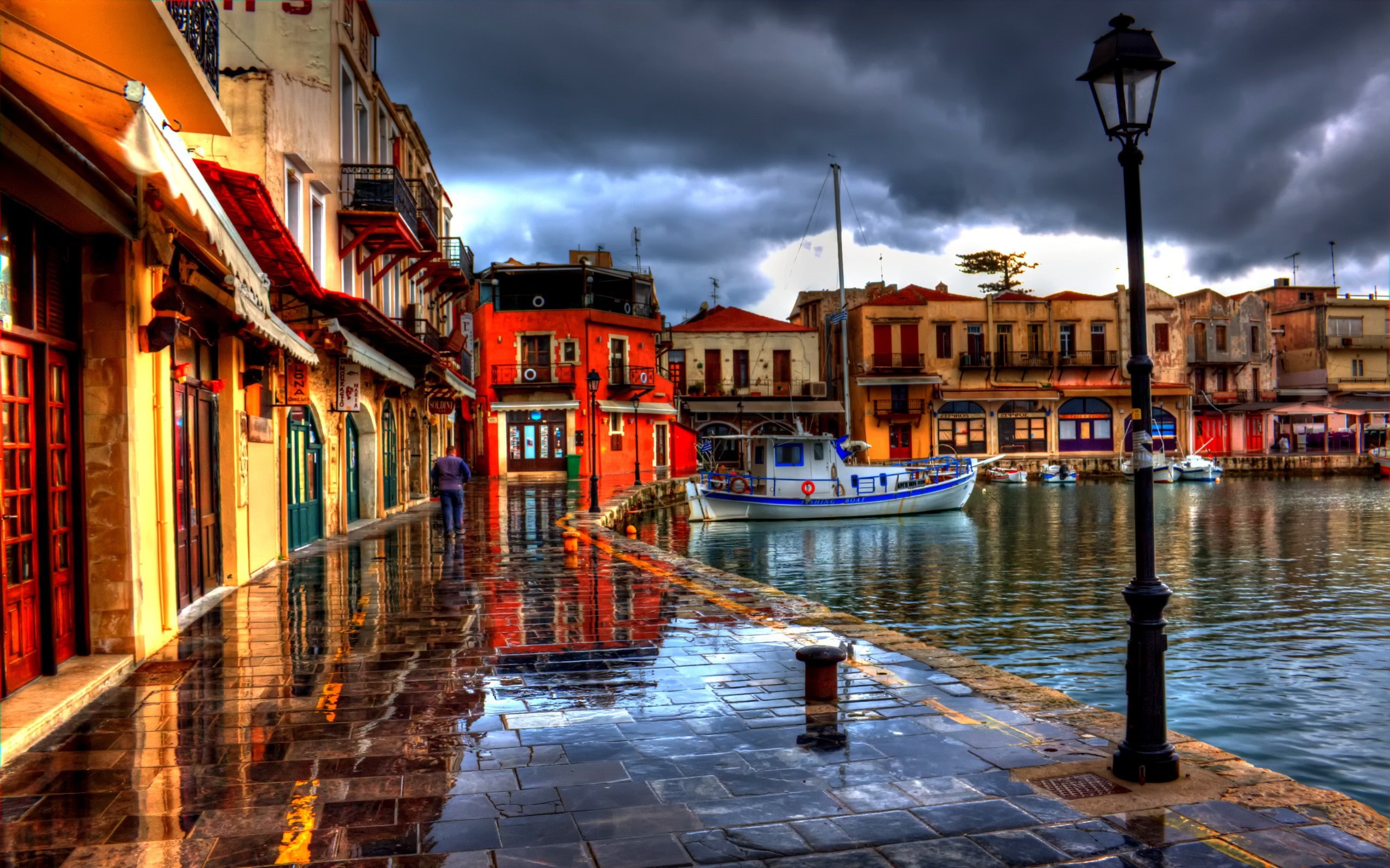 boats, houses, lights, waterfront, greece, 2K, HD Wallpaper
