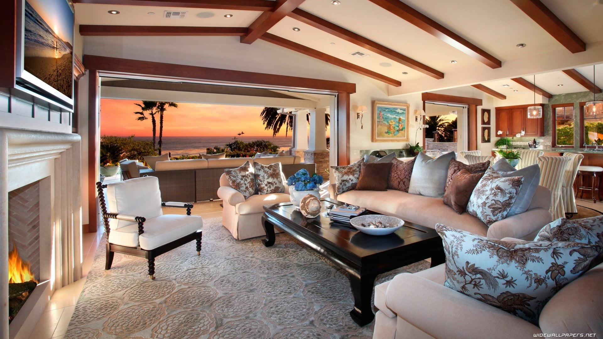 palm trees, 1080P, lifestyles, built structure, indoors, domestic room, cushion, table, home interior, waterfront, lighting equipment, luxury, building, HD Wallpaper