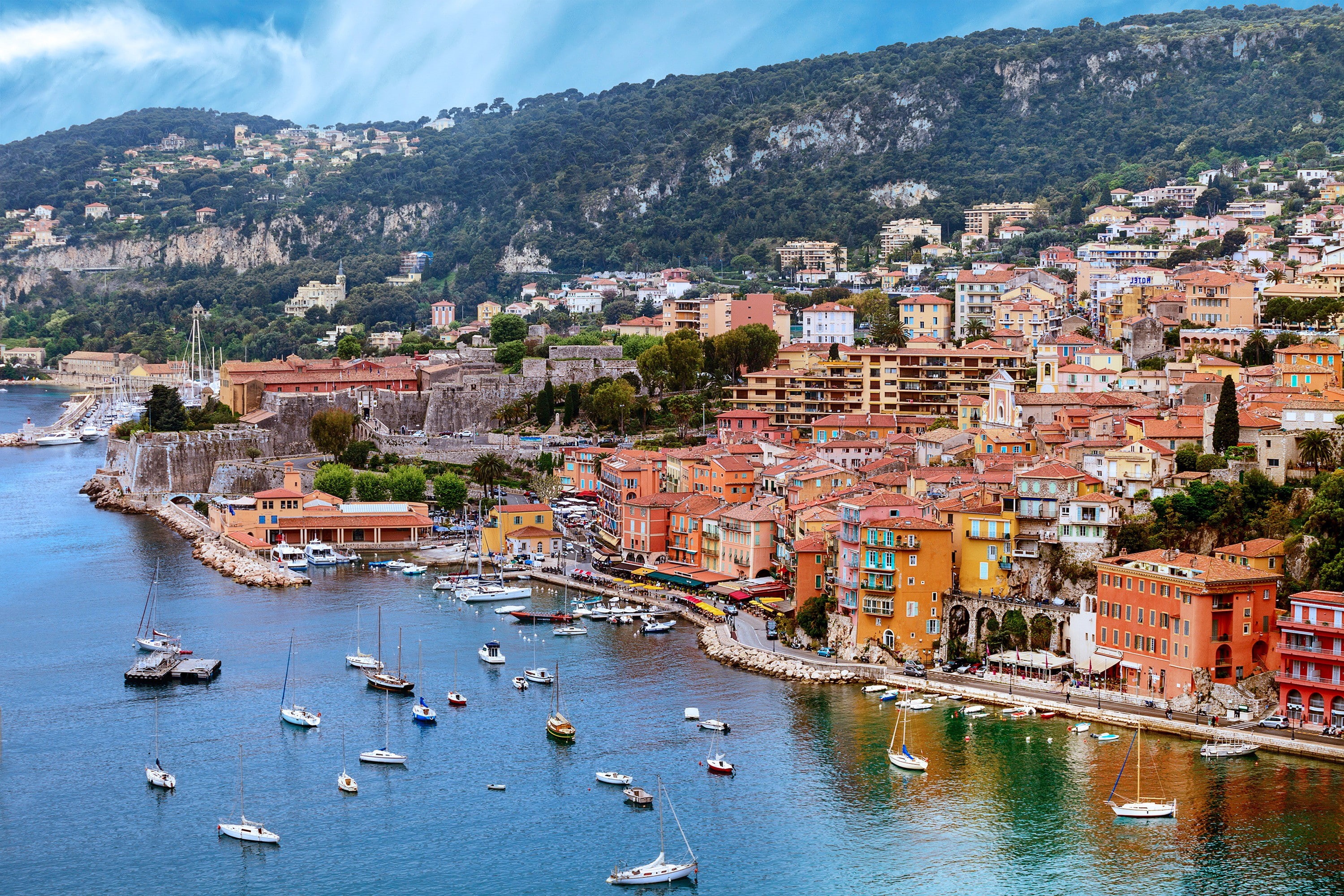 sea, Nice, 2K, yachts, trees, France, houses, boats, waterfront, rocks, HD Wallpaper