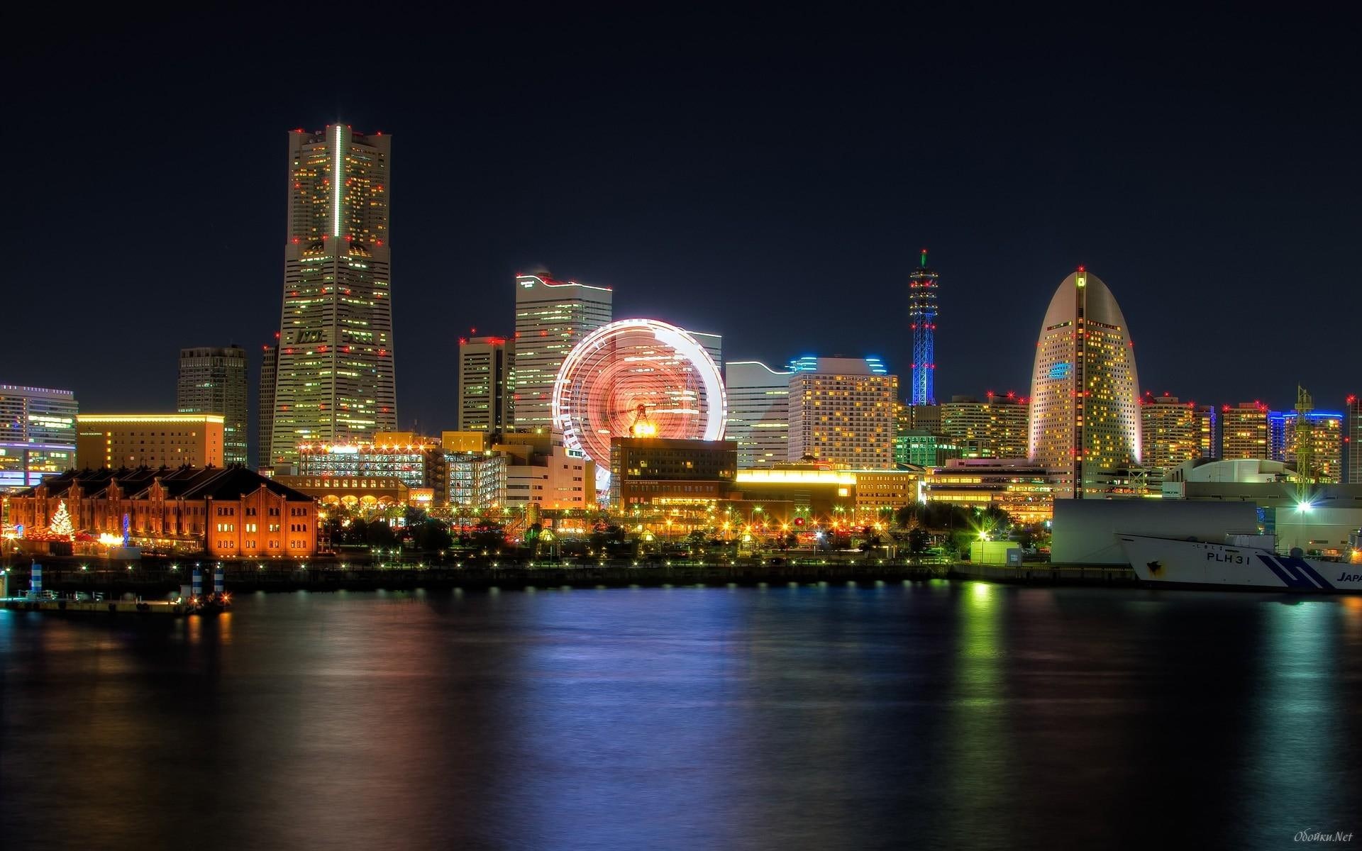 amazing, night, lights, ferris wheel, waterfront, 1080P, nature and landscapes, city, ship, HD Wallpaper