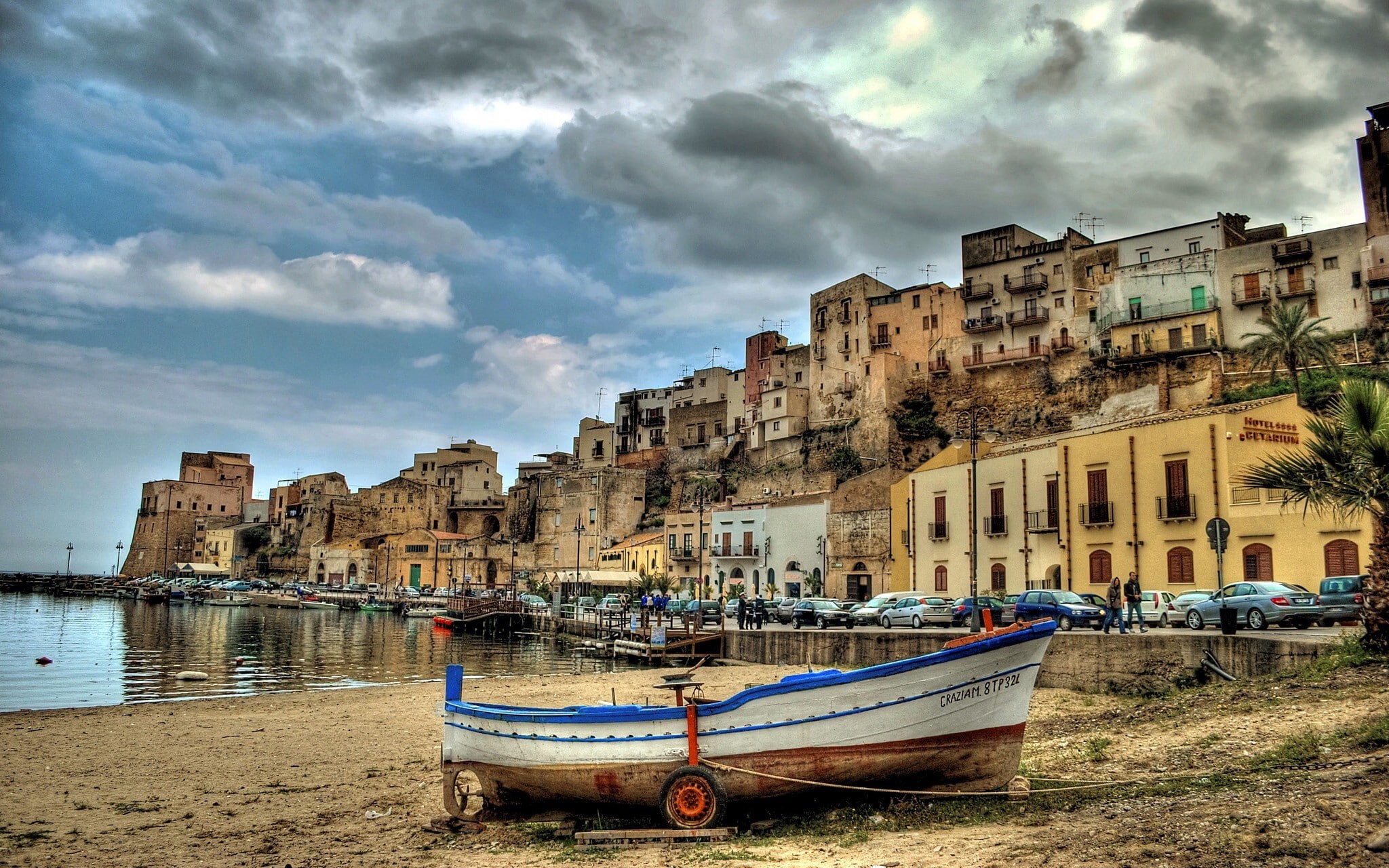 waterfront, paddle, blue, Castellammare del Golfo, machinery, Italy, Buildings, harbor, golfo, castellammare, del, cars, Sicily, boat, 1080P, white, HD Wallpaper