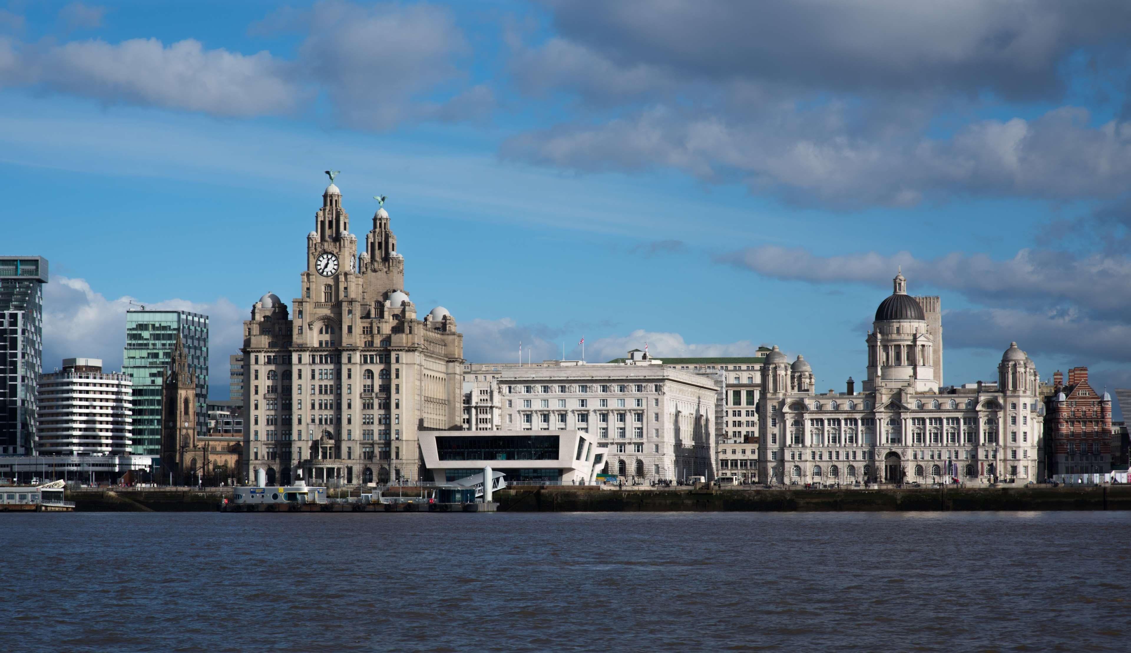 skyline, liver building, building exterior, travel, place of worship, port, built structure, skyscraper, spire, sky, mersey, sea, building, tourism, travel destinations, HD Wallpaper