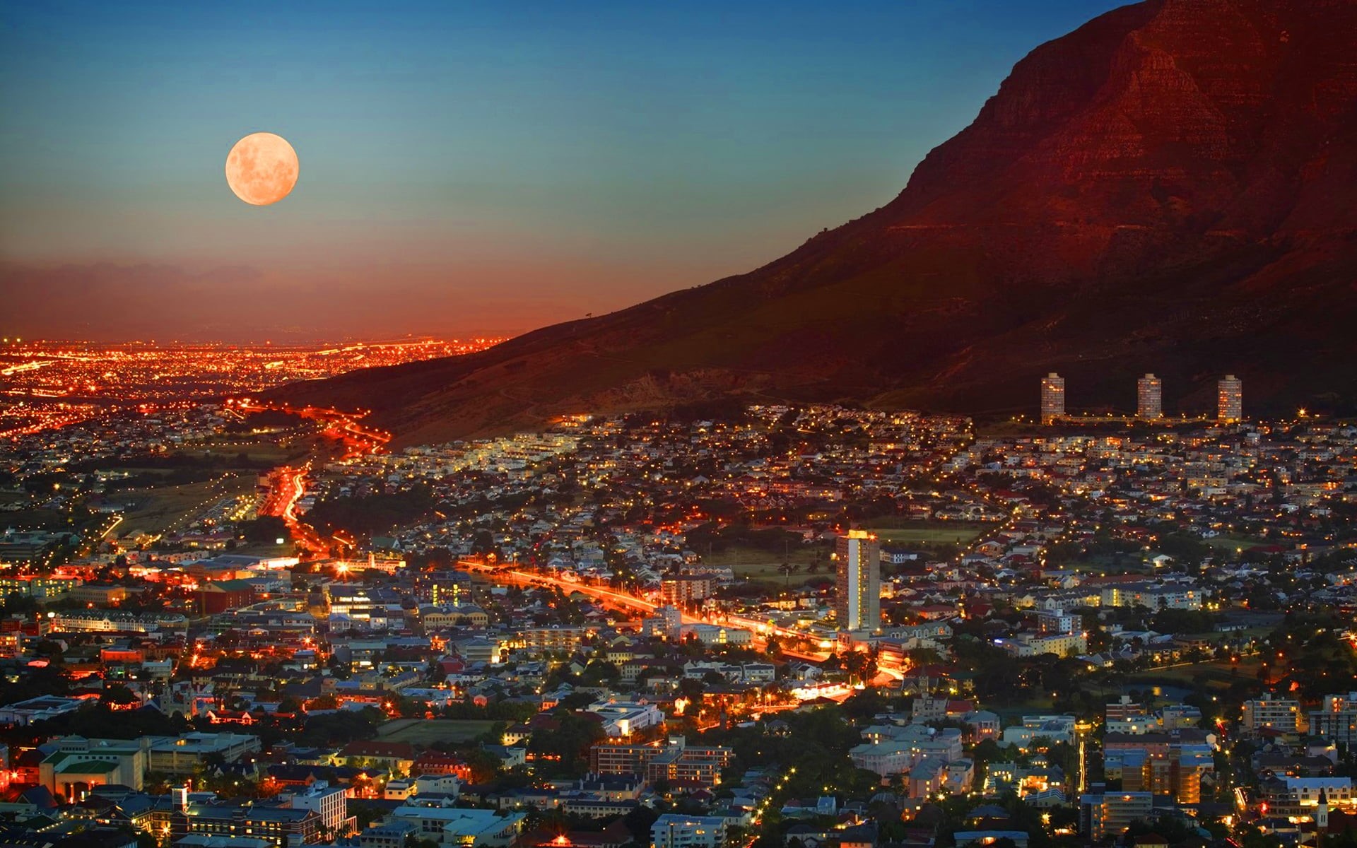 illuminated, travel destinations, south africa, south, 1080P, mountain, building, cape, high, moon, building exterior, architecture, outdoors, nature, HD Wallpaper