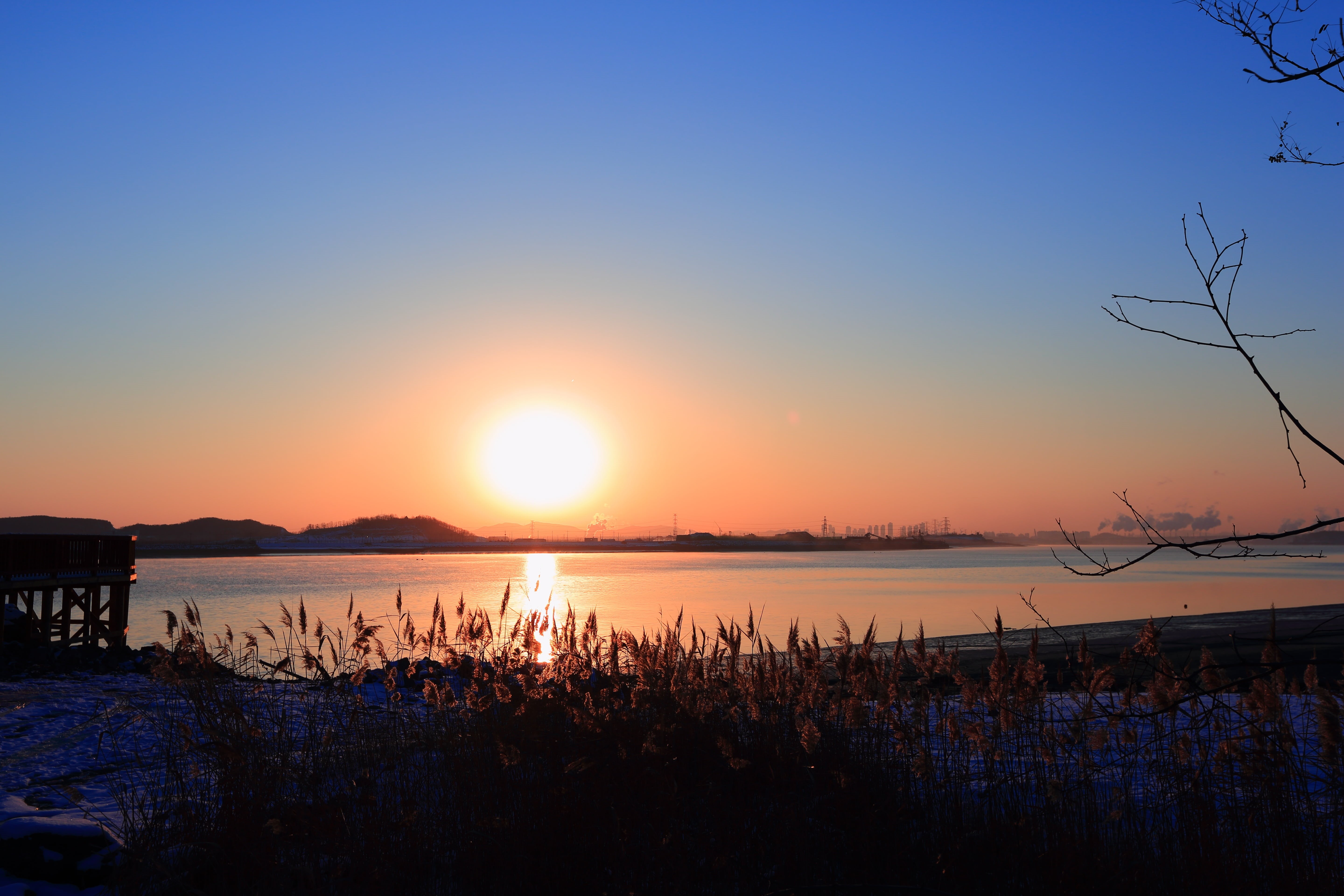 sunrise, ganghwado, scenics - nature, plant, tranquil scene, idyllic, reflection, sky, outdoors, dusk, lake, non-urban scene, sulfuric also, no people, HD Wallpaper