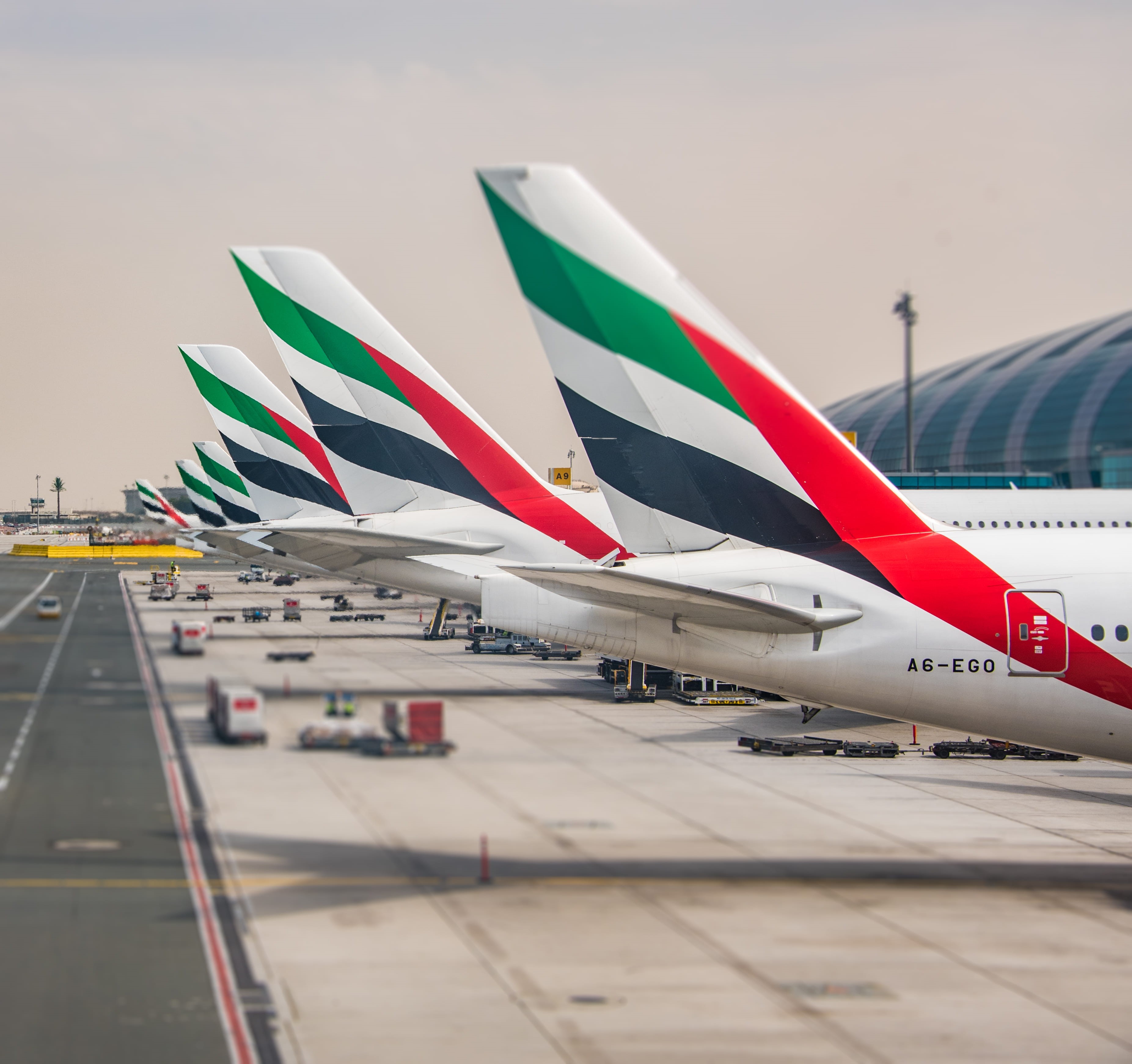 dubai international airport, aircraft, travel, airbus, a380, airplane, sky, tiltshift, architecture, nature, mode of transportation, wings, in a row, aircraft wing, HD Wallpaper