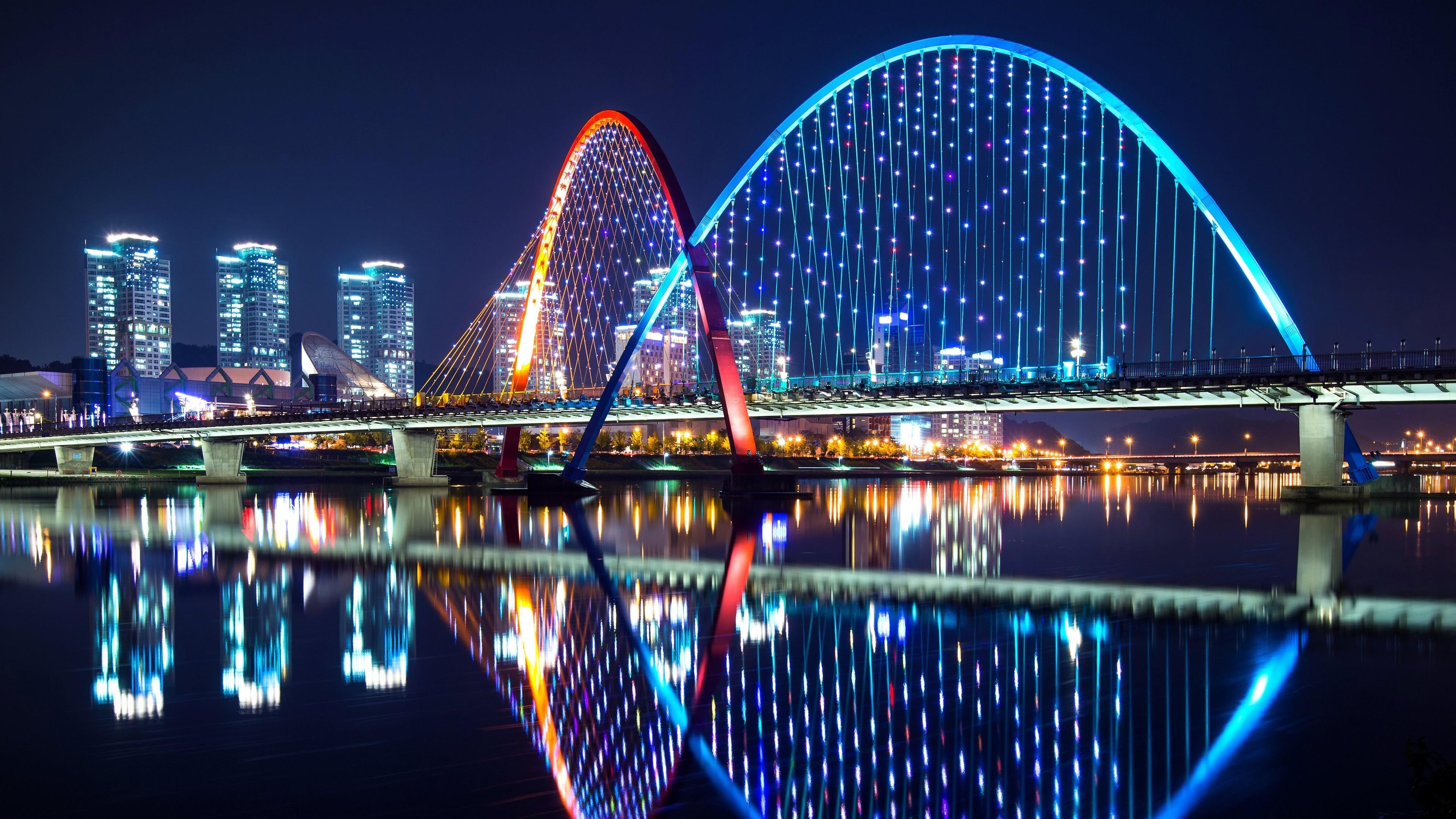 skyline, south korea, asia, bridge, city, daejeon, reflection, cityscape, expo bridge, tourist attraction, night, architecture, light, illuminated, water, HD Wallpaper