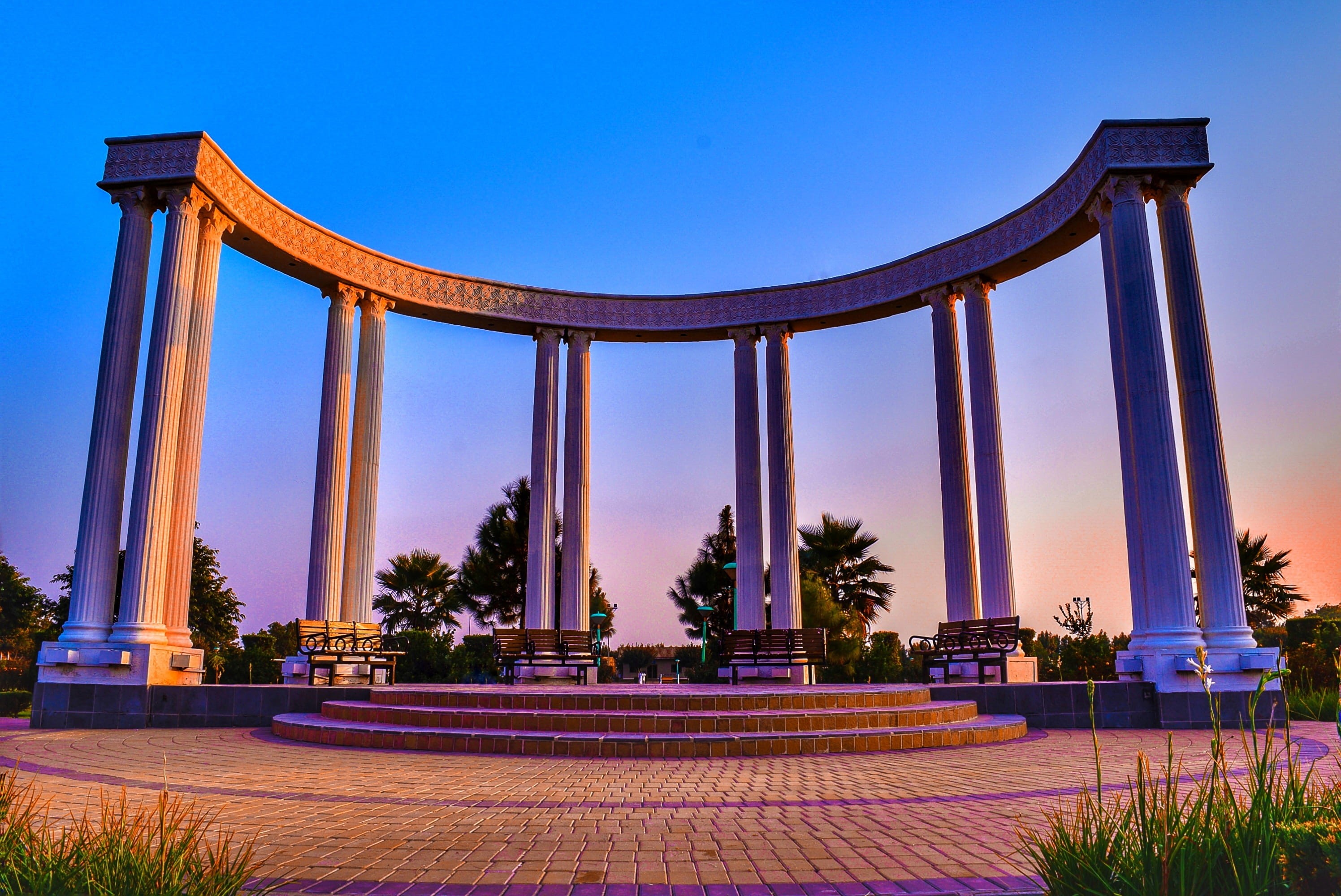 sky, clear sky, concrete, architecture, history, no people, travel destinations, room, architectural column, white, vase, potted plant, resort, built structure, HD Wallpaper