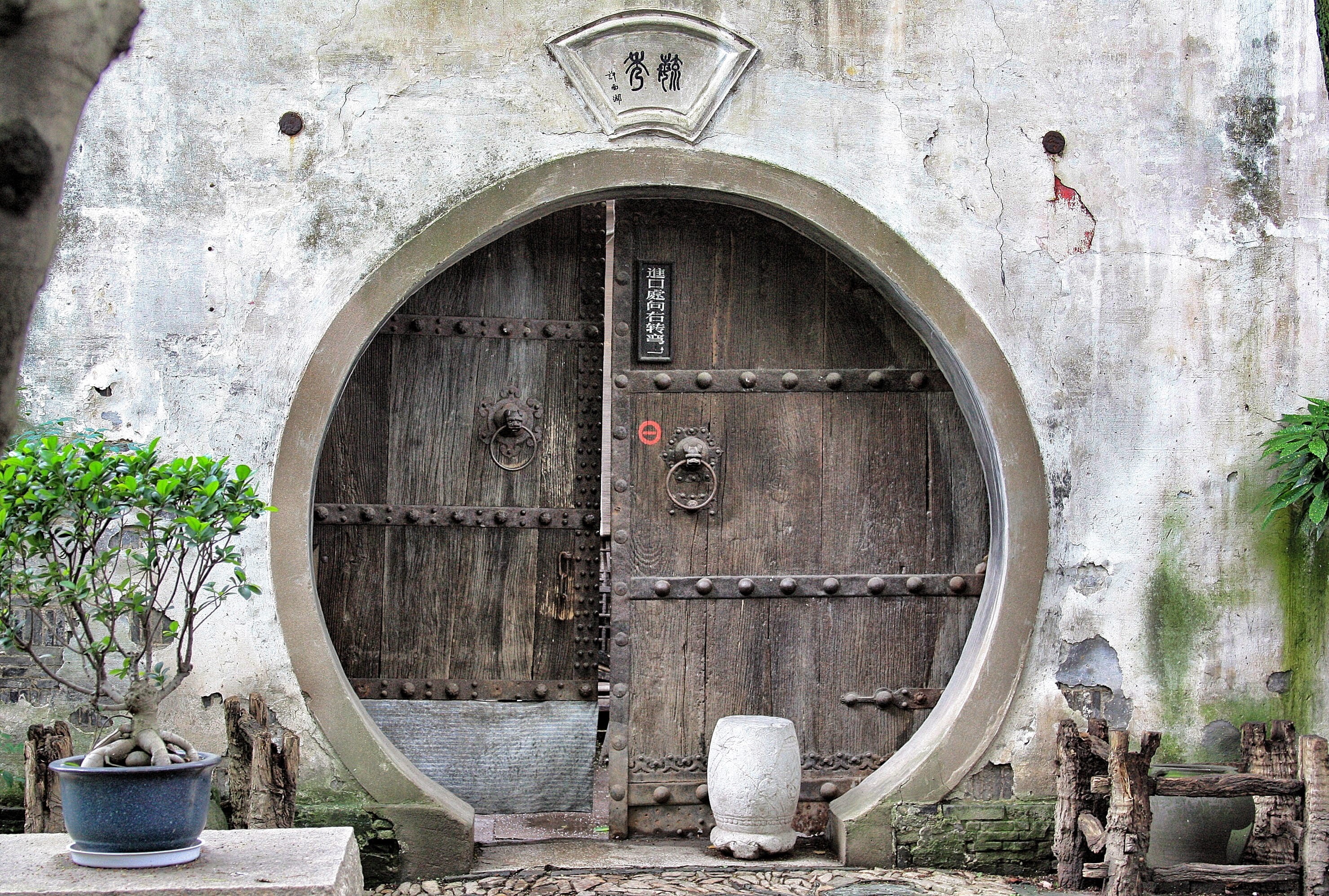doorway, tree, 2K, flora, entrance, architecture, zhouzhuang ancient town, the past, china, potted plant, wall, black, bonsai, circle, wooden, outdoors, HD Wallpaper