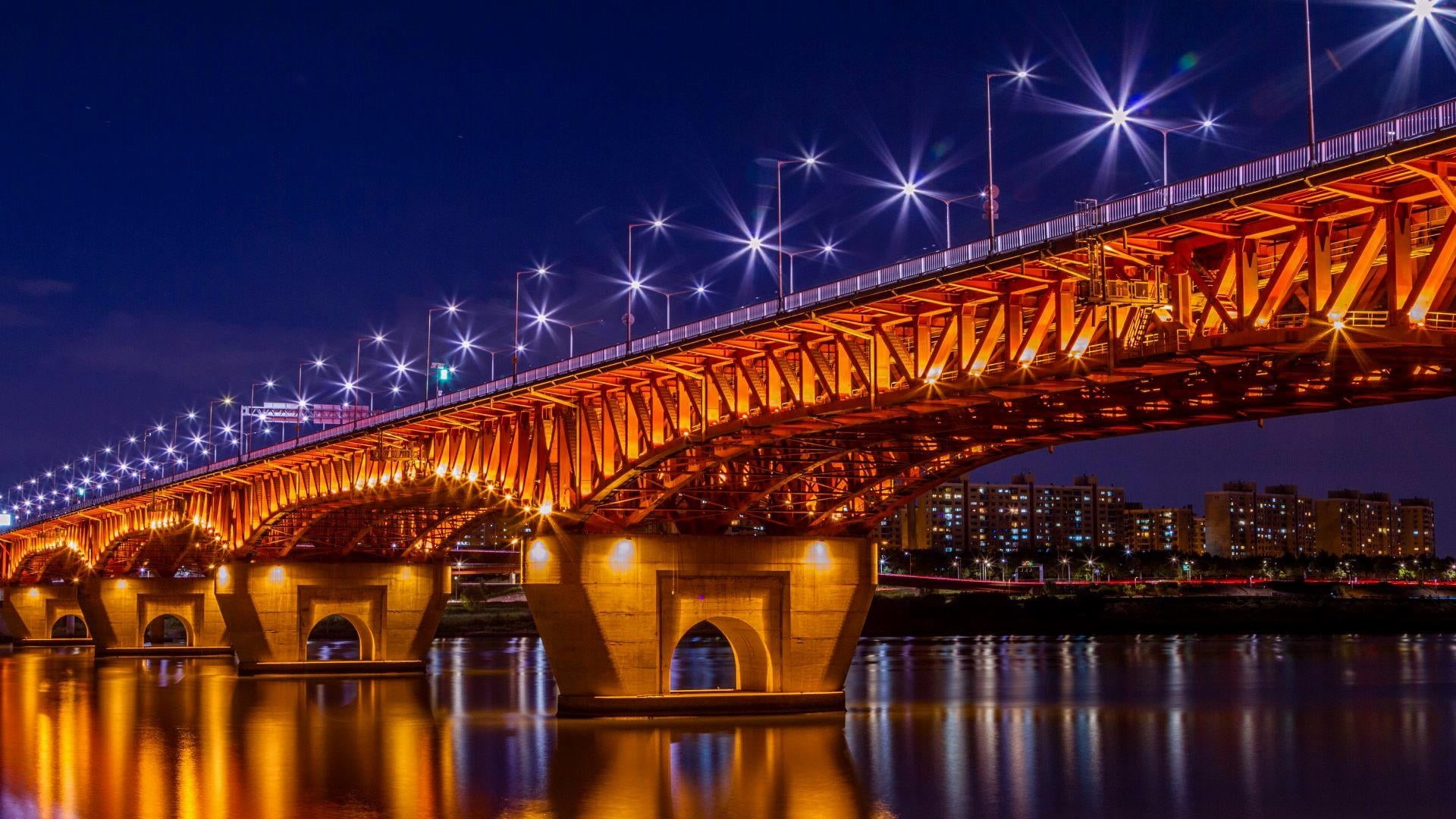 night, architecture, sky, connection, city, arch bridge, korea, cityscape, river, bridge, bridge - man made structure, outdoors, seongsu bridge, han river, HD Wallpaper