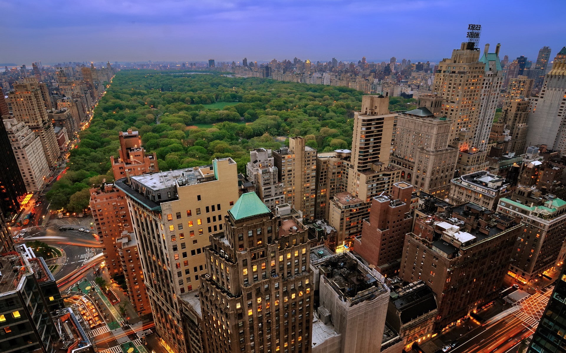high angle view, sky, illuminated, urban, building exterior, residential district, architecture, skyscraper, crowd, Central Park, tower, building, built structure, HD Wallpaper