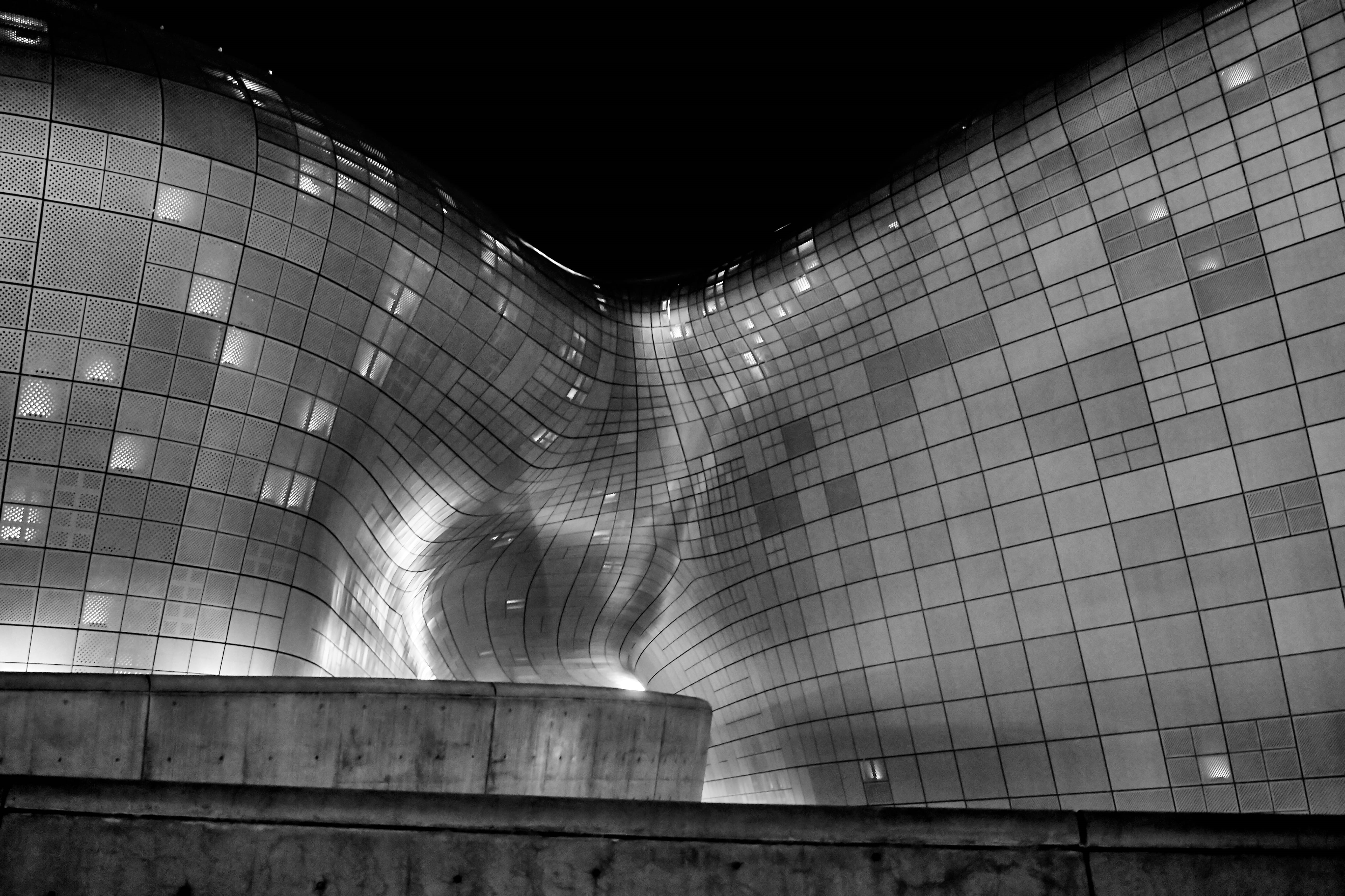 pattern, architecture, built structure, tile, dongdaemun design plaza, sculpture, building, lighting equipment, south korea, indoors, night, arts culture and entertainment, HD Wallpaper
