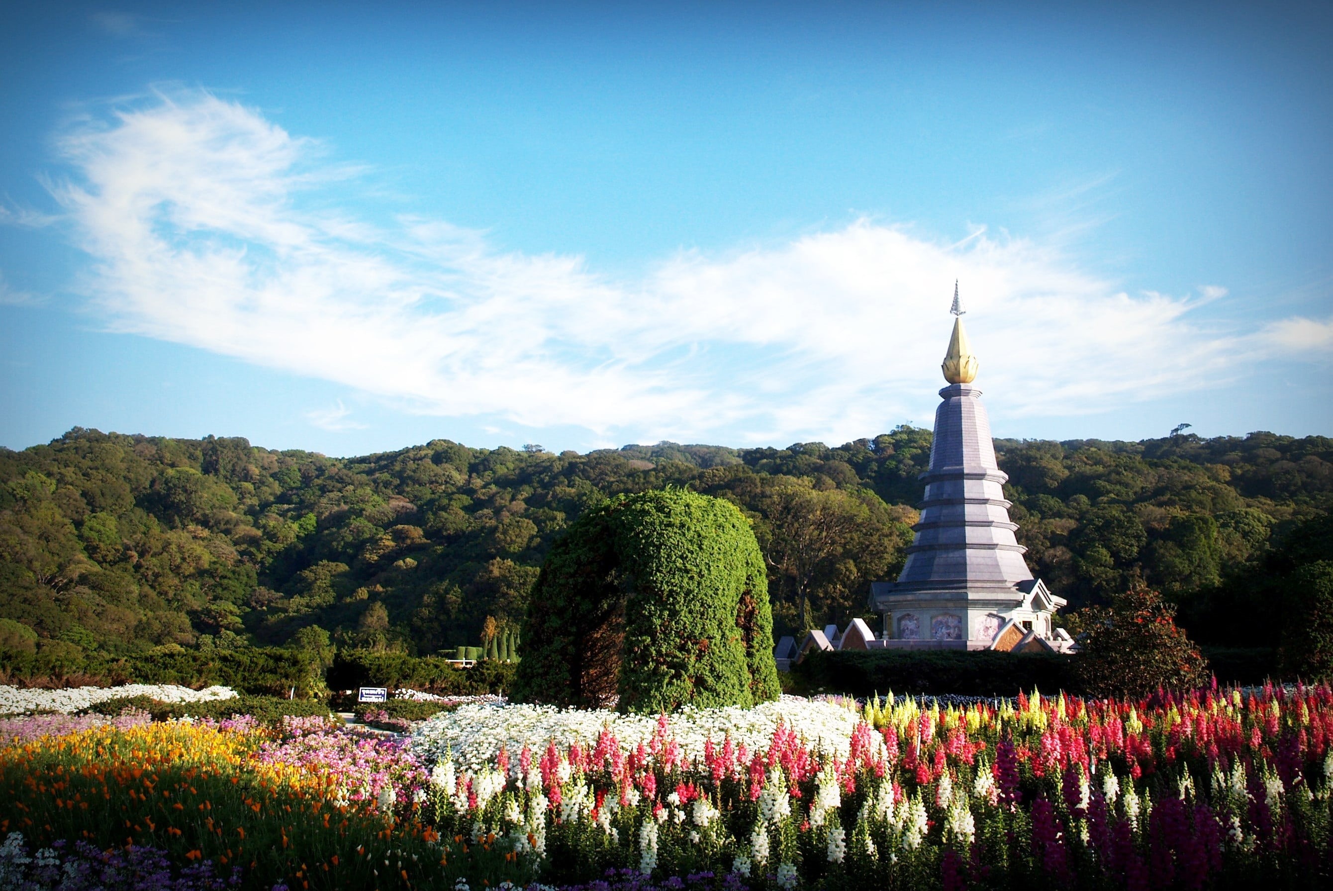 construction, thai, pagoda, tree, ancient, blue, nature, building exterior, chiangmai, day, flower, park, green, landscape, tower, red, travel destinations, HD Wallpaper