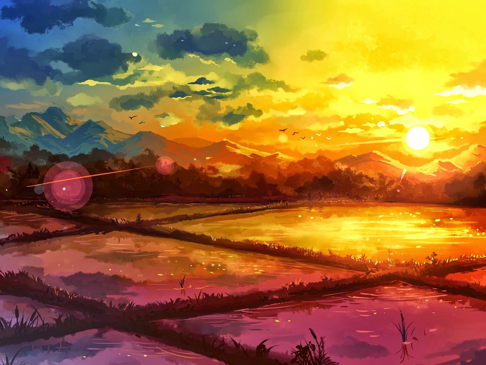drawing, idyllic, scenics - nature, sun, orange color, non-urban scene, sunlight, landscape, nature, mountain, no people, sunrise, reflection, lens flare, HD Wallpaper