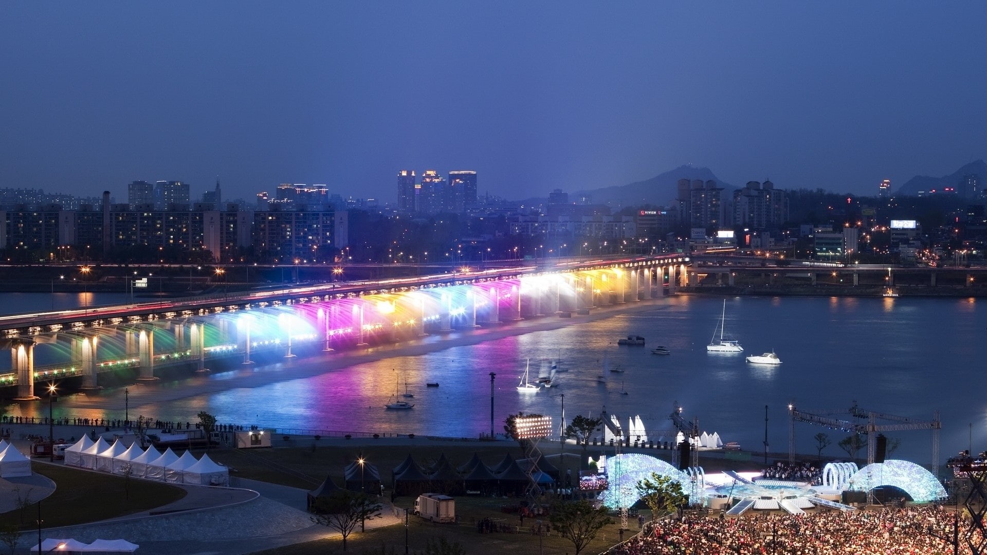 Night, white, boats, Illumination, Han, black, Korea, River, 1080P, South, Bridge, Seoul, Rainbow, HD Wallpaper