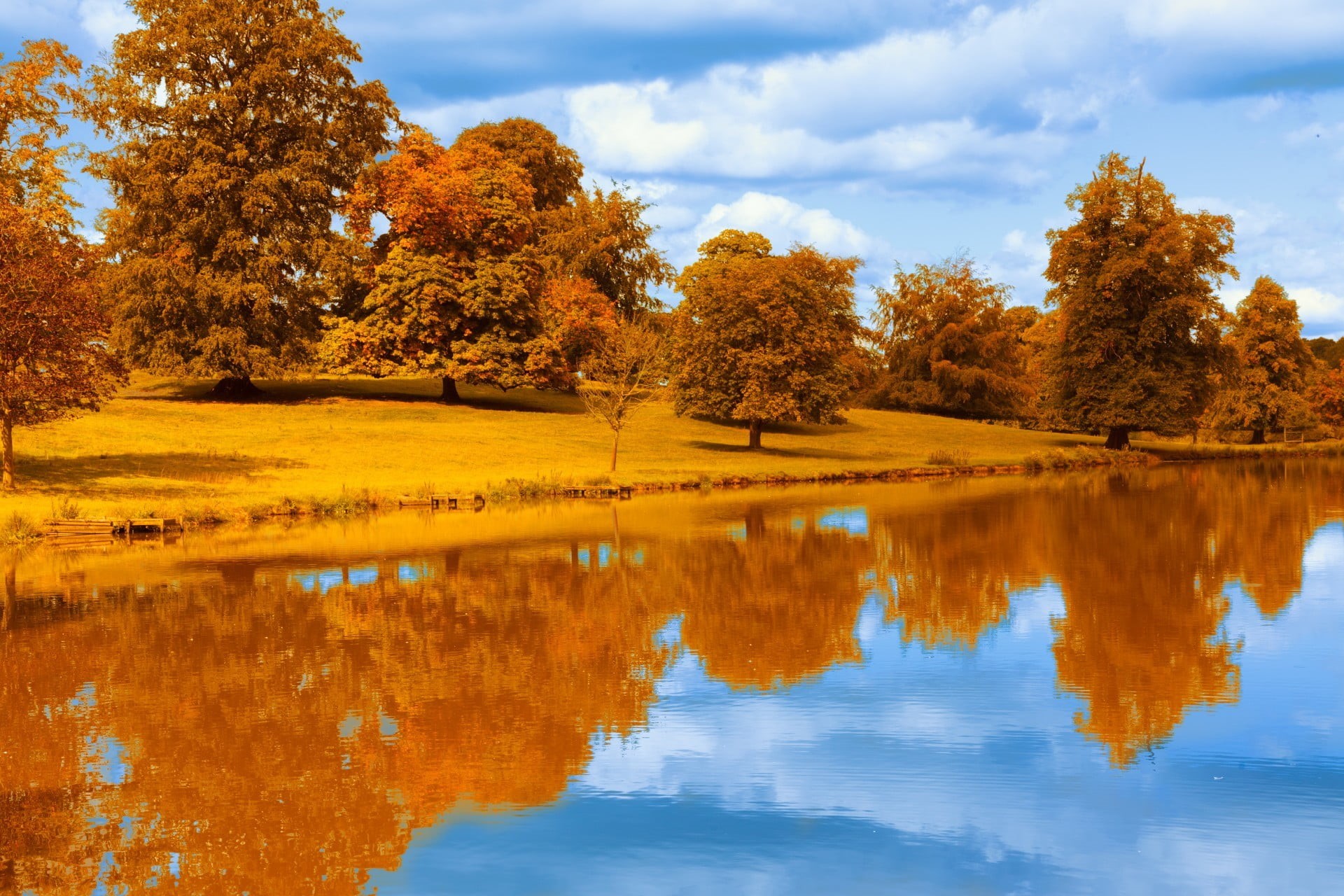 scenics - nature, tranquility, cloud - sky, outdoors, foliage, reflection, nature, 1080P, autumn collection, idyllic, trees, water, waterfront, brown, HD Wallpaper
