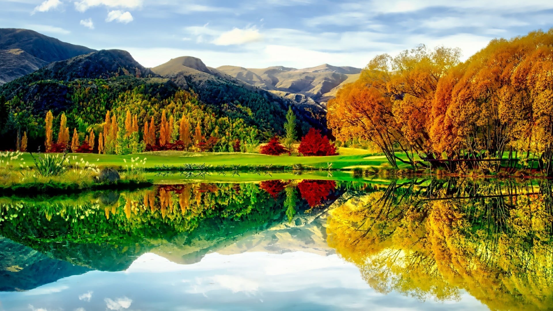 waterfront, leaves, landscape, symmetry, 1080P, nature, water, foliage, scenics - nature, mountain, reflection lake, green color, no people, idyllic, sky, HD Wallpaper