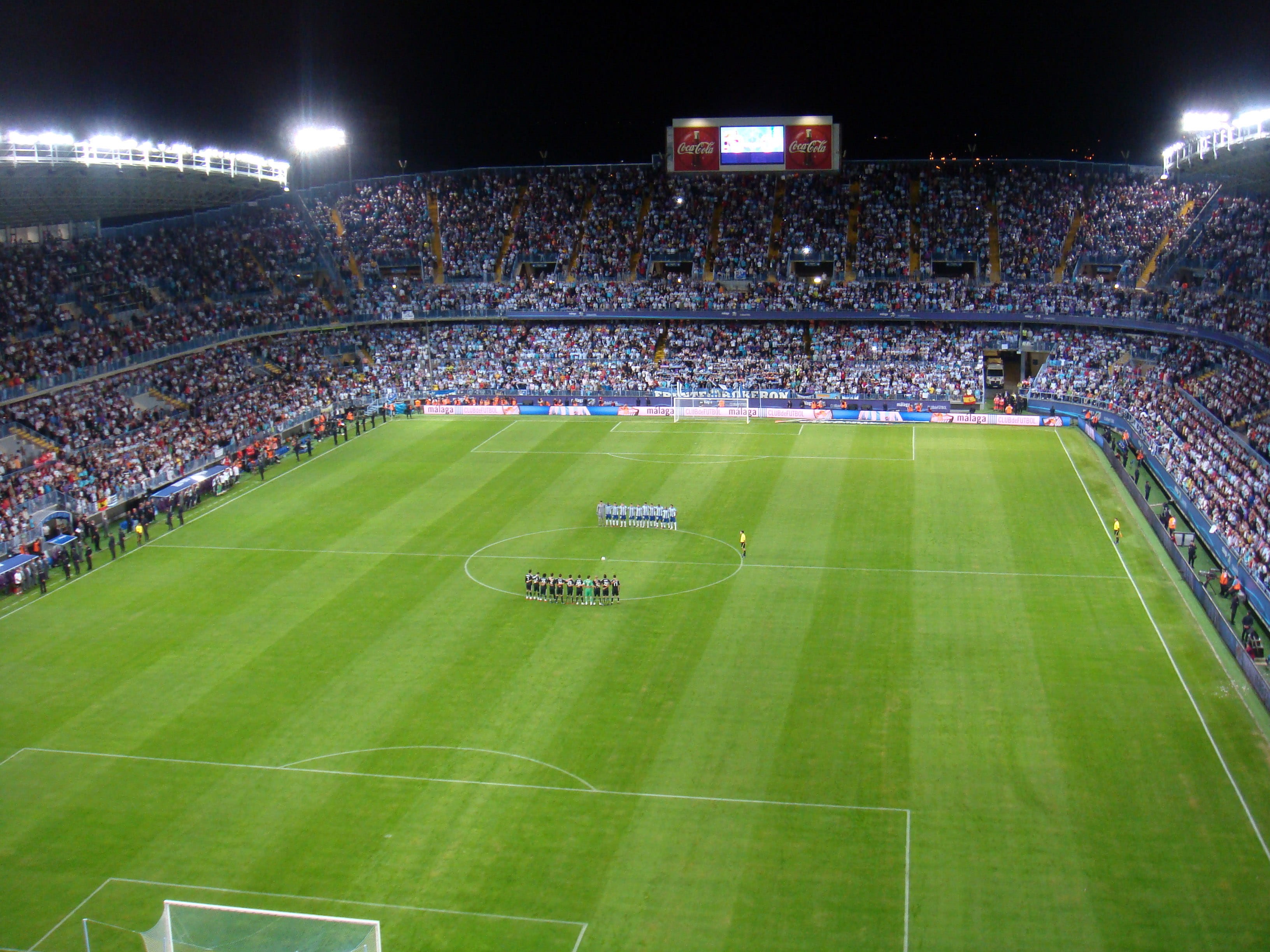 winning, crowd, rosaleda, championship, green color, la, Malaga, lighting equipment, group of people, international team soccer, sport, sports Track, night, HD Wallpaper