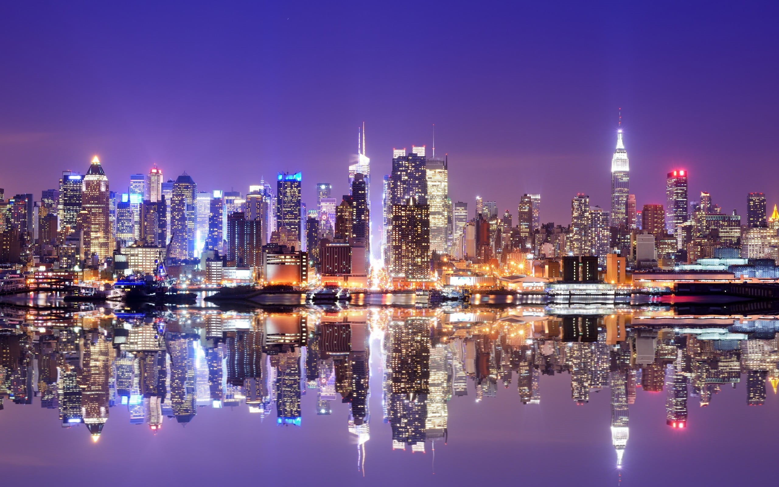 illustration, architecture, office building exterior, downtown district, reflection lake, building, night, landscape, sky, skyscraper, residential district, HD Wallpaper
