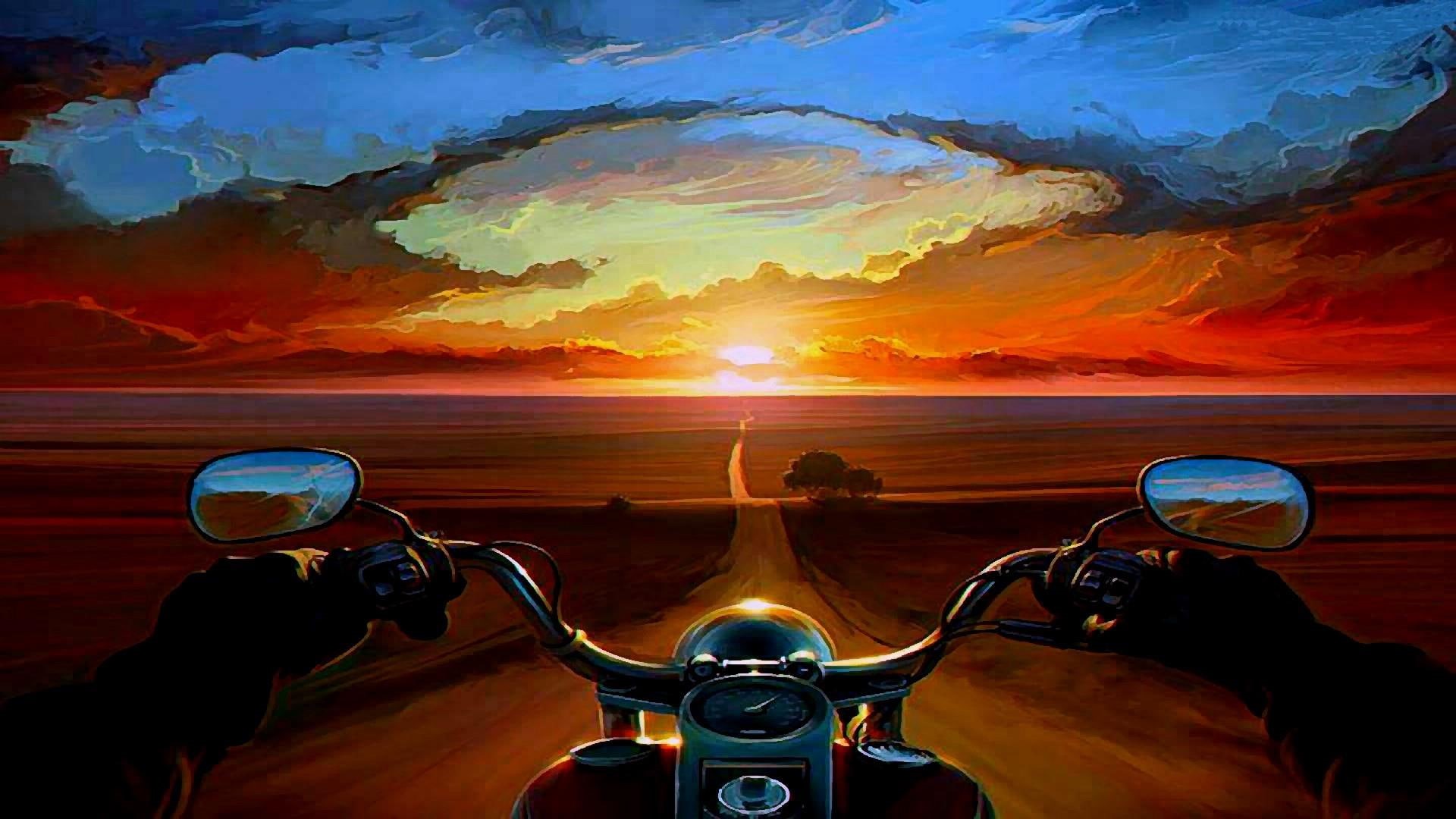road, sunset, countryside, traveling, life, motorbike, painting, 1080P, HD Wallpaper