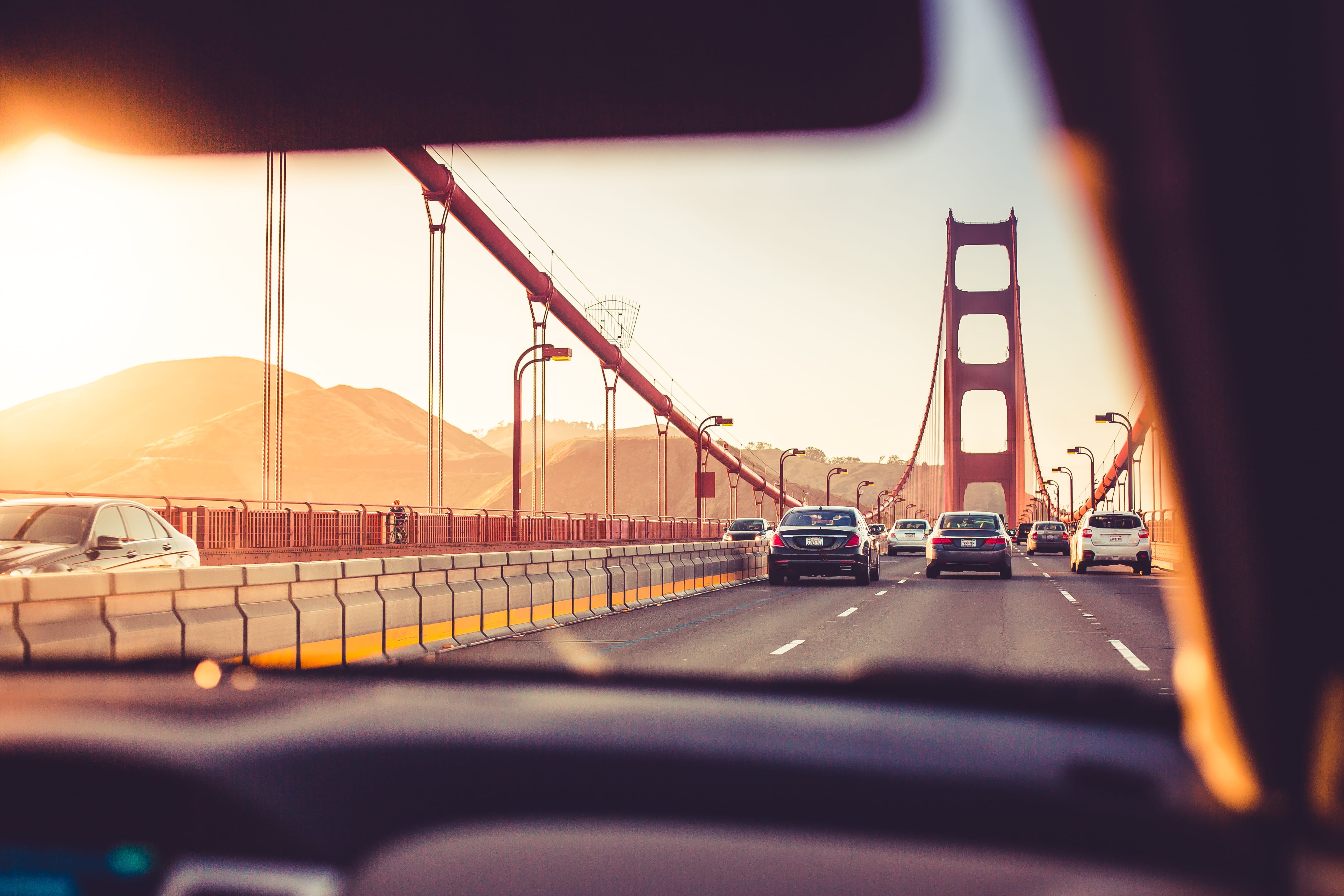 cars, on the move, roads, ride, driving, mode of transportation, land vehicle, speed, motor vehicle, bridge, windshield, street, golden, sunset, 4K, built structure, HD Wallpaper