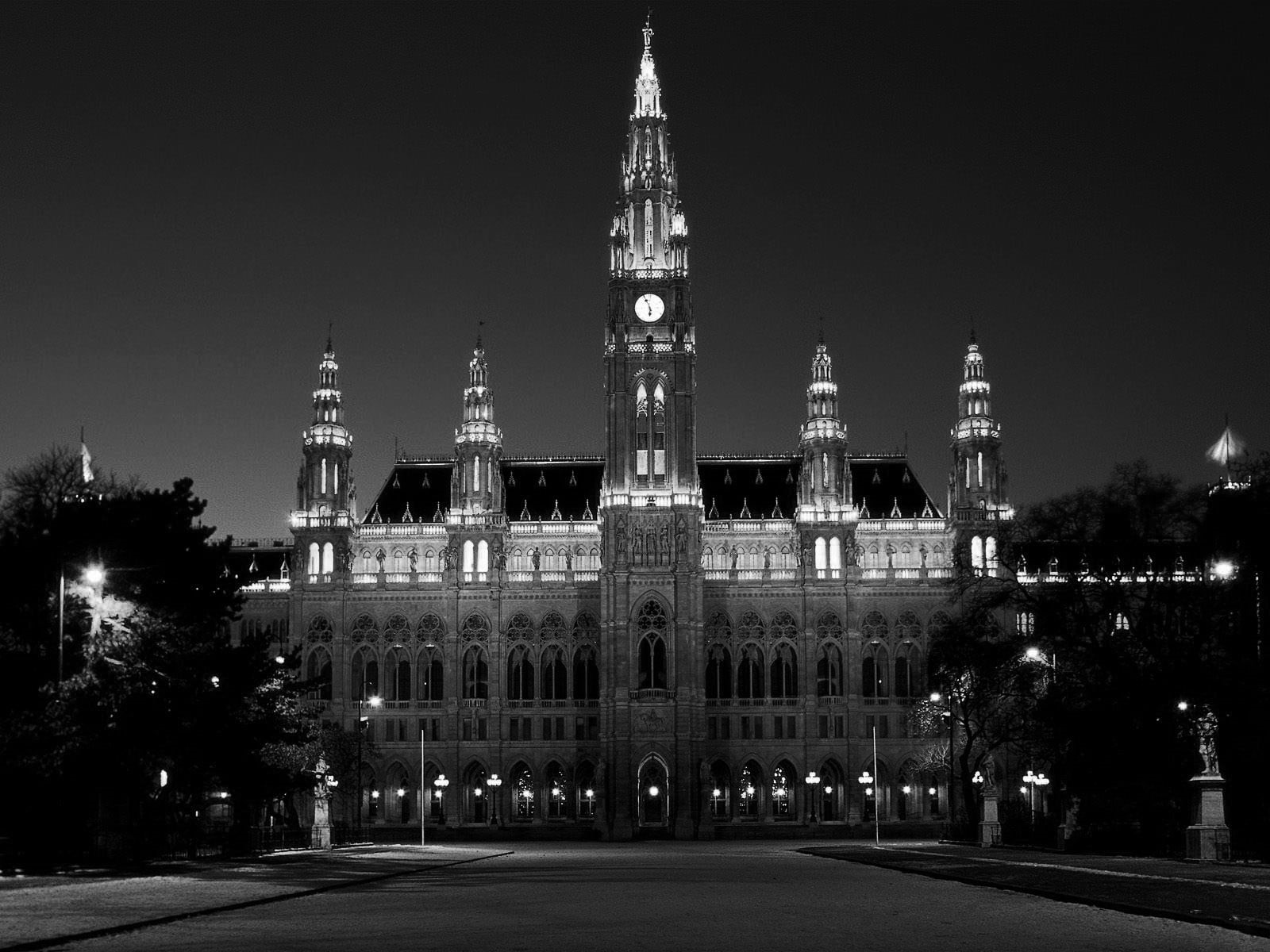 tourism, Vienna, sky, Austria, history, built structure, no people, gray, black, illuminated, tree, 720P, building, outdoors, monochrome, tower, cathedral, HD Wallpaper