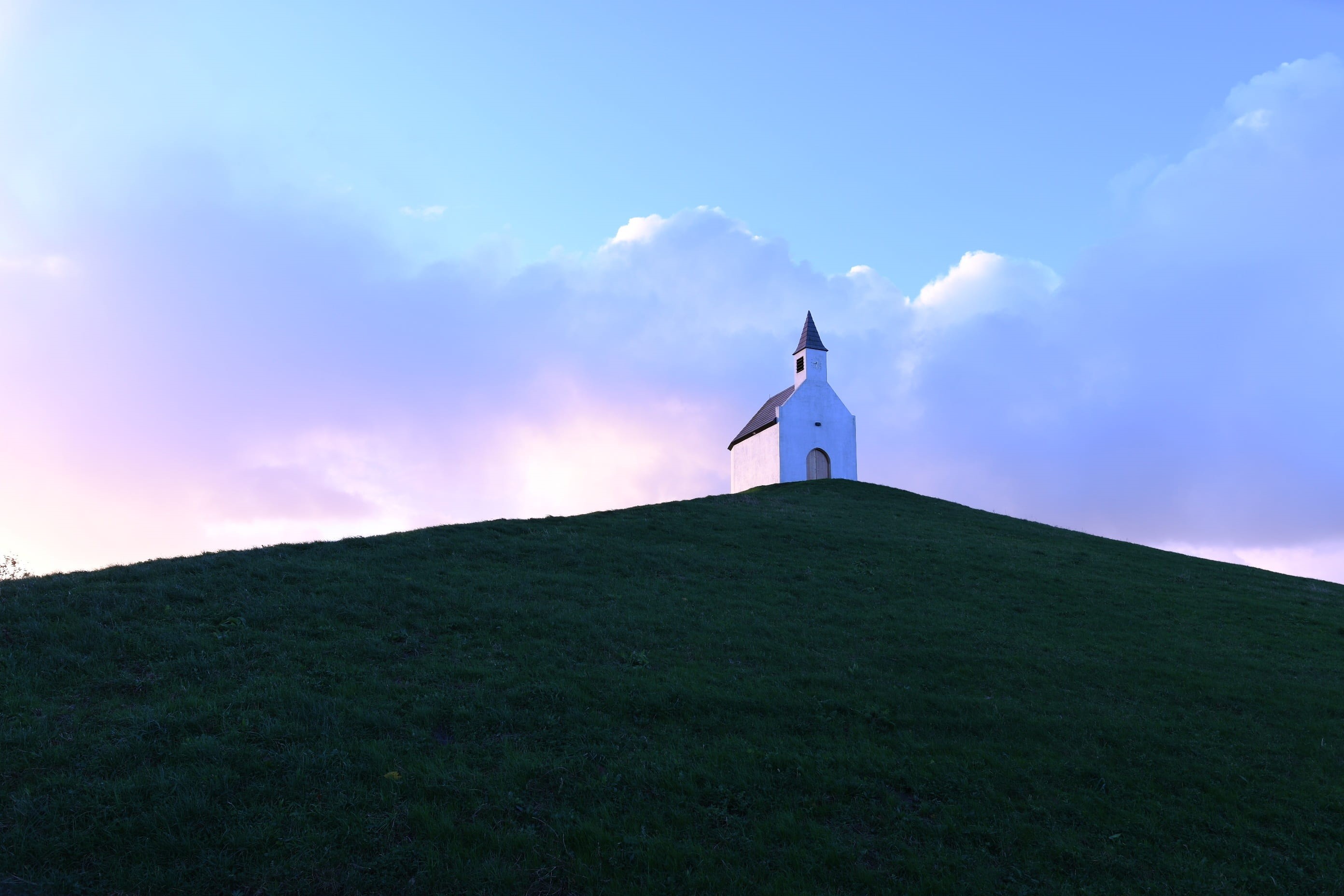 land, church, blue sky, standing, early, view, small chapel, building, air, mound, dawn, leisure activity, top, cloud, bible, light, cloud cover, nature, HD Wallpaper