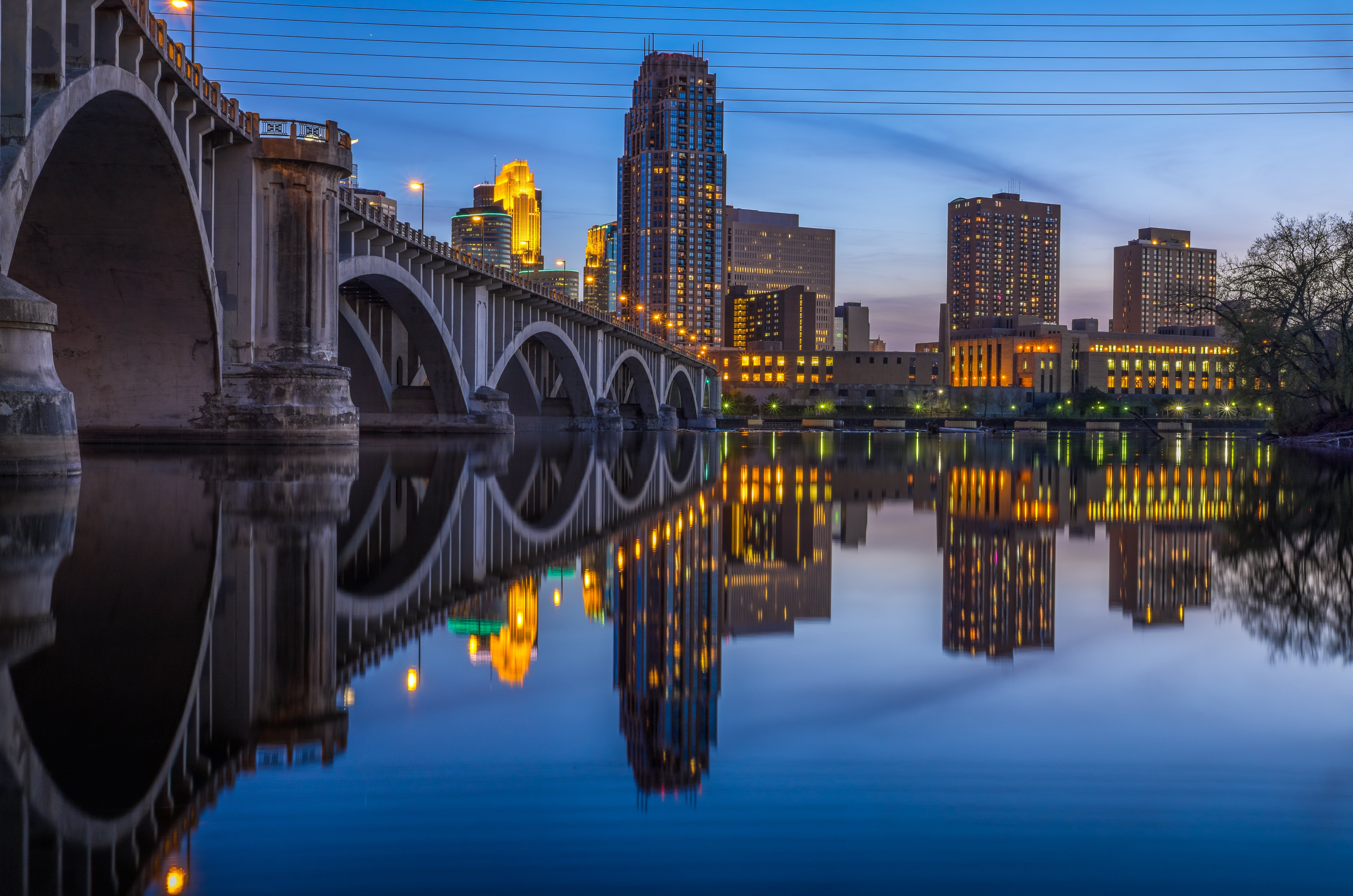 reflections, body, mississippi river, architecture, sunset, scenery, minneapolis, night, water, dusk, cityscape, skyline, blue hour, river, famous Place, HD Wallpaper