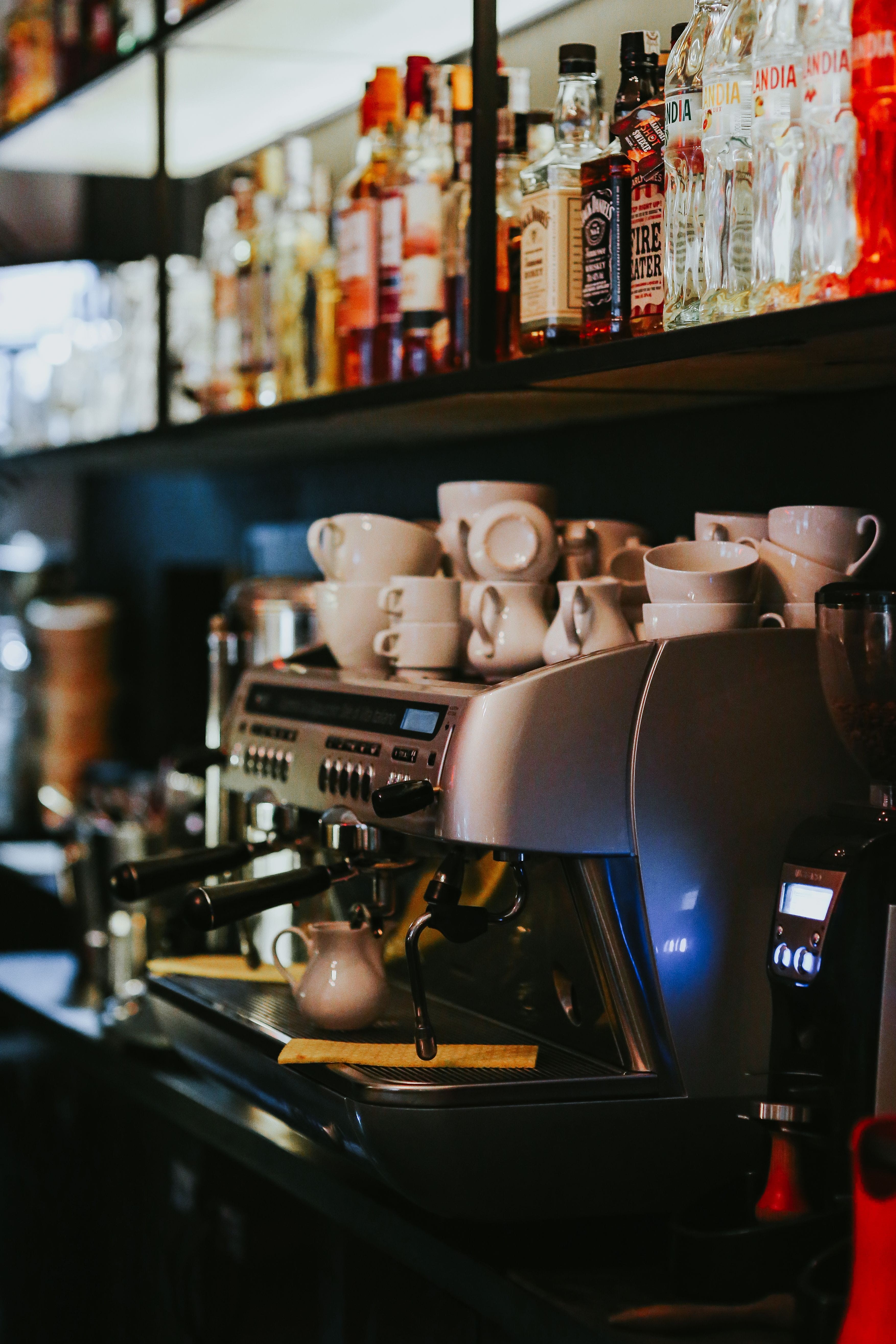 coffee cup, retail display, cup, indoors, drink, variation, shelf, bar, no people, coffee, Interior, store, alcohol, barista, glasses, selective focus, Phone HD Wallpaper