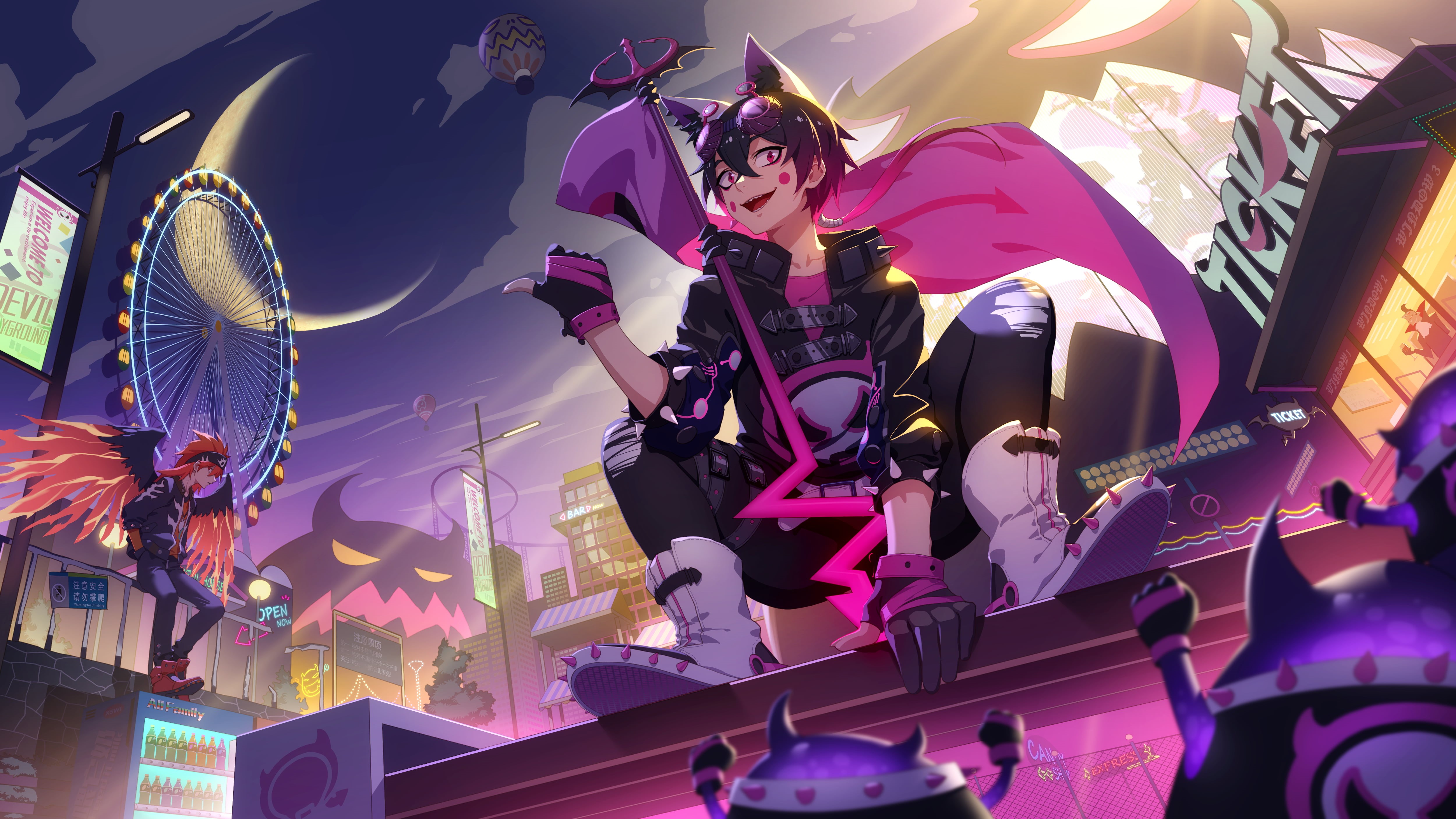 anime boys, cat ears, wings, original characters, 4K, HD Wallpaper
