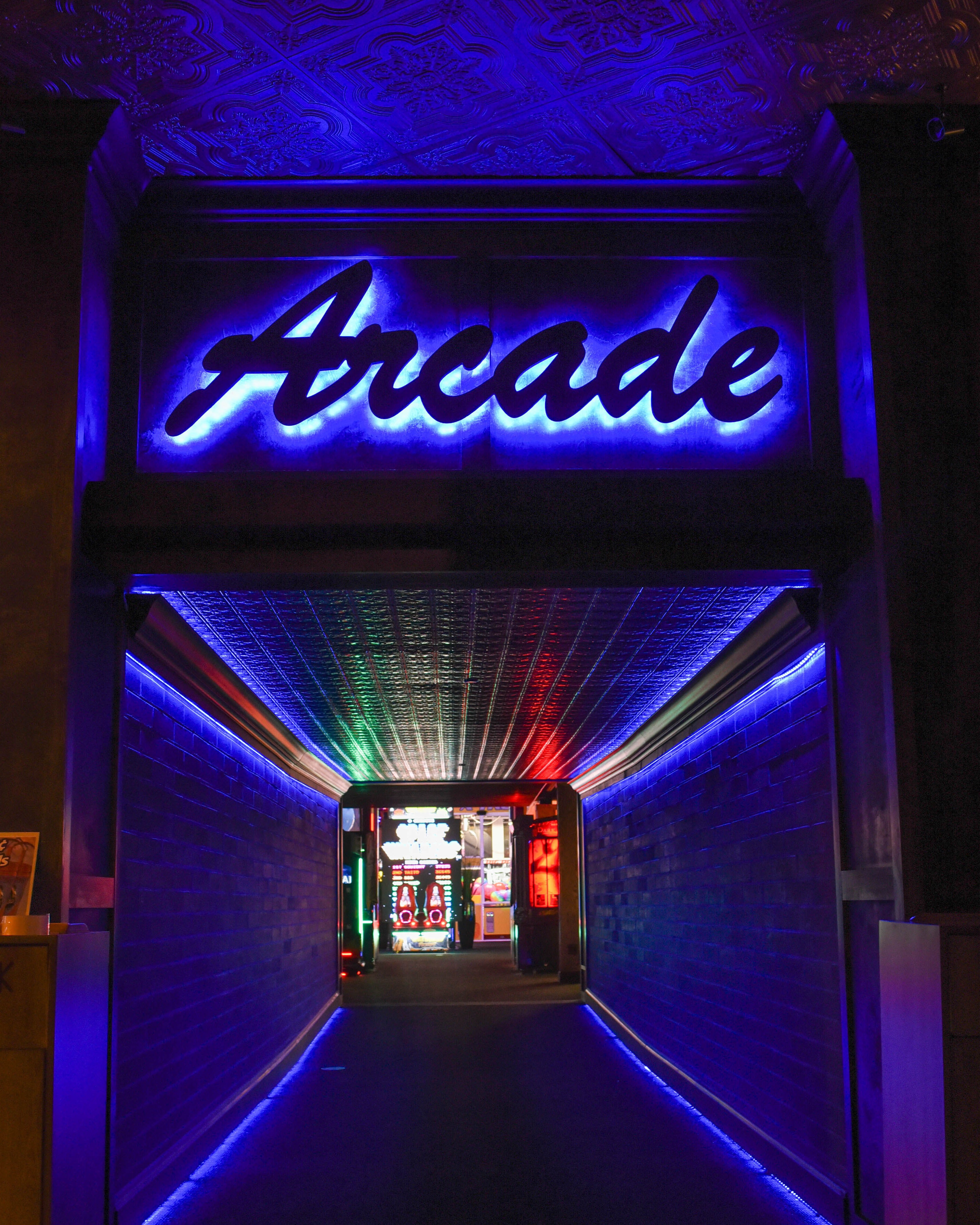 arcade game, entrance, arts culture and entertainment, light, lighting equipment, architecture, built structure, entertainment park, no people, blue, western script, Phone HD Wallpaper