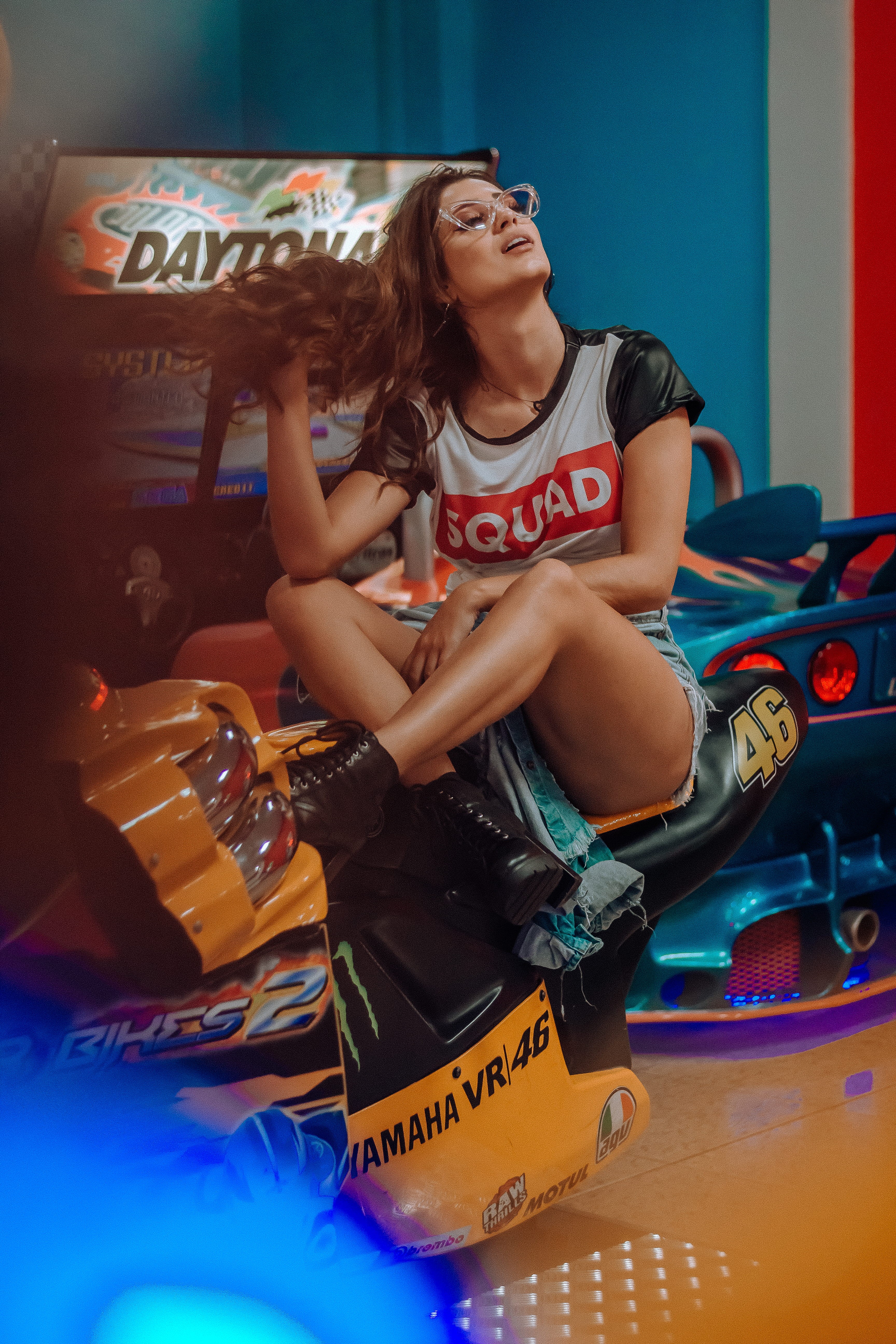 machine, fashion, yellow, rossi, motocycle, look, arcade, lifestyles, happiness, excitement, cap, glasses, well, smiling, female, inside, squad, indoors, Phone HD Wallpaper