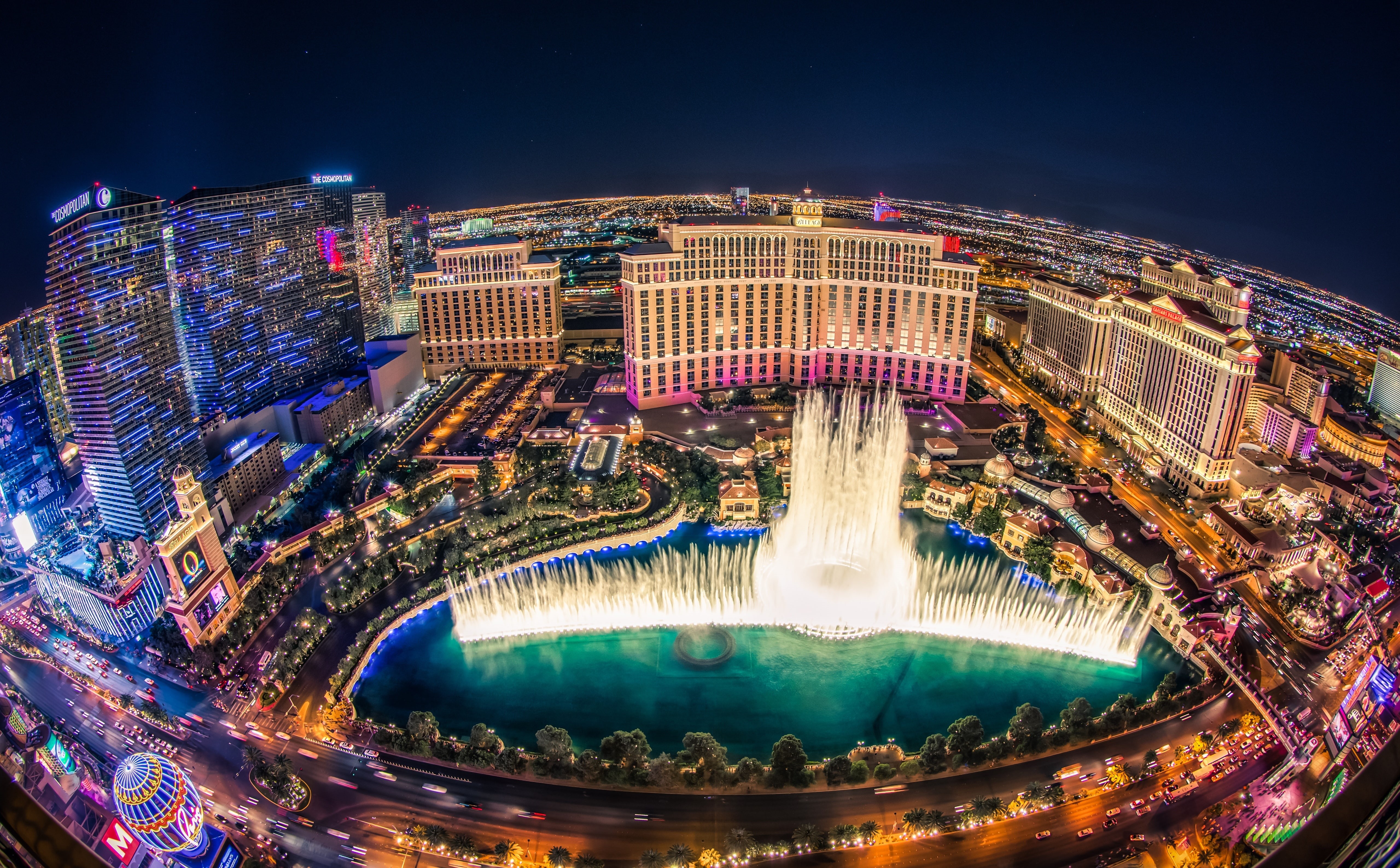 Fountain, cityscape, long exposure, Hotel, built structure, nature, luxury hotel, fountainshow, eiffeltower, travel destinations, vegasstrip, Strip, night, HD Wallpaper