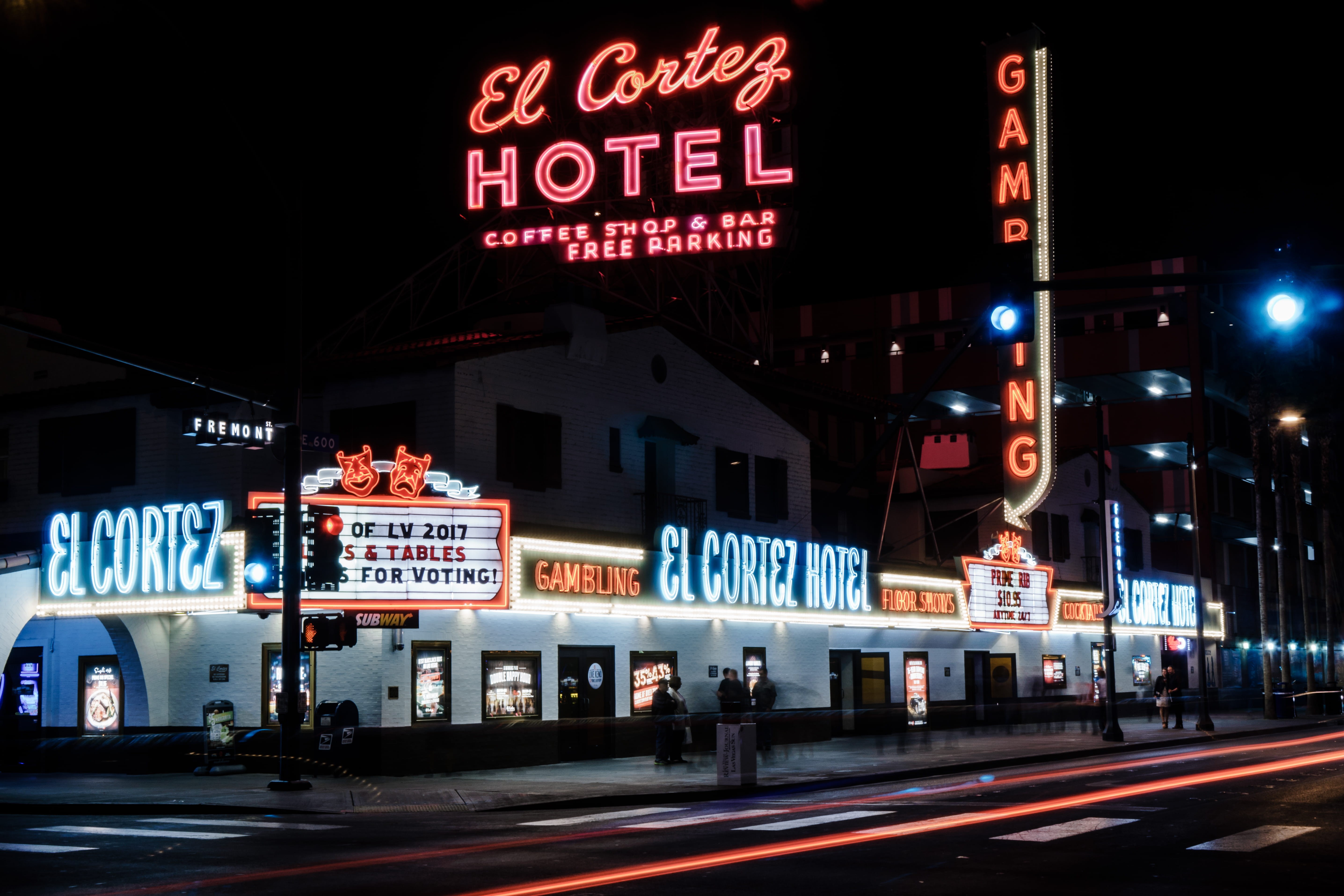 motion, no people, city, el cortez hotel and casino, light trail, 5K, travel, sign, saloon, outdoors, light, information sign, communication, building exterior, HD Wallpaper