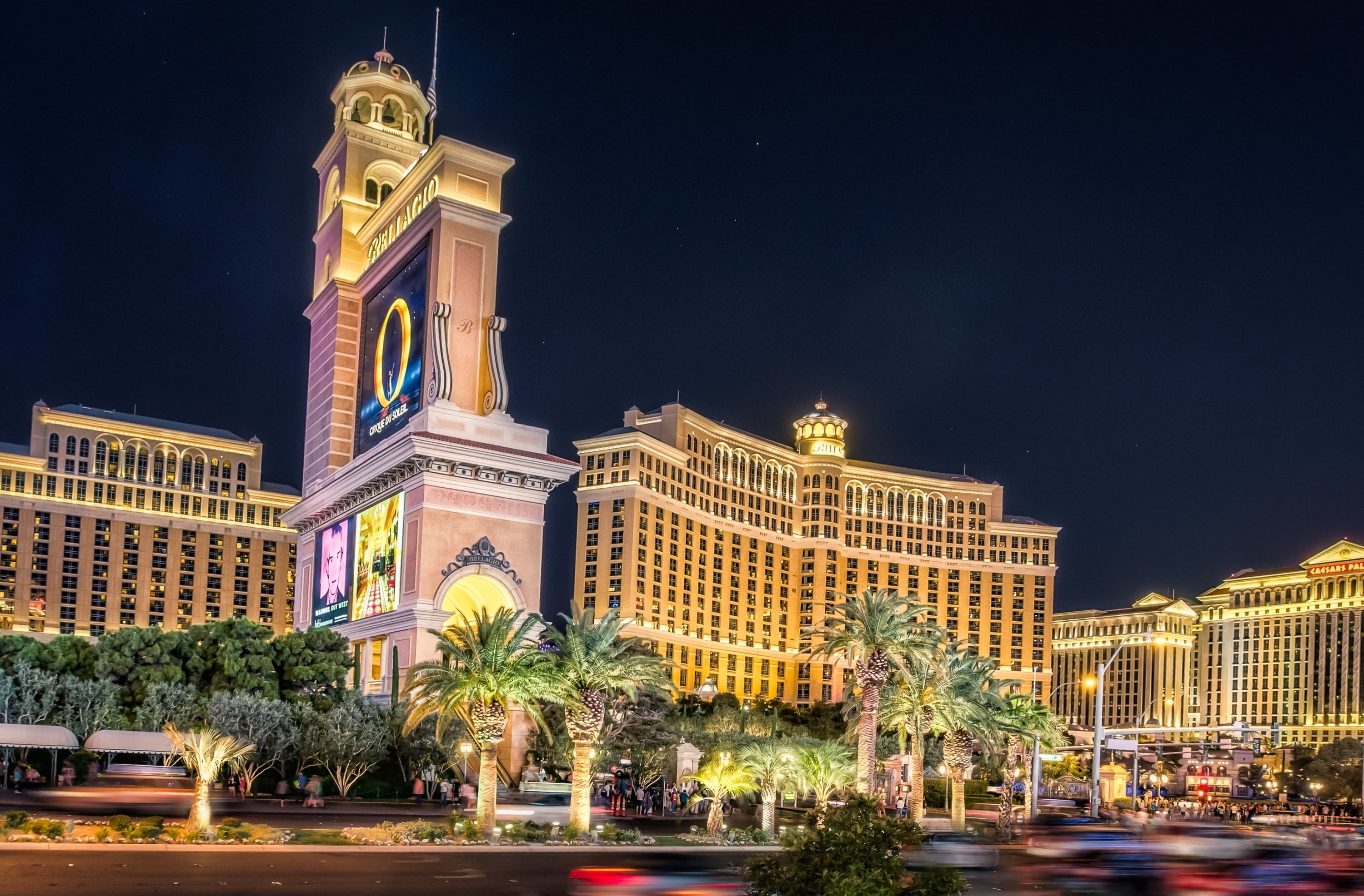 2K, caesars, buildings, Fountain, Casino, clock tower, canon5d, Neon, Strip, building exterior, caesarspalace, Vegas, motion, tree, sky, Night, Hotel, HD Wallpaper