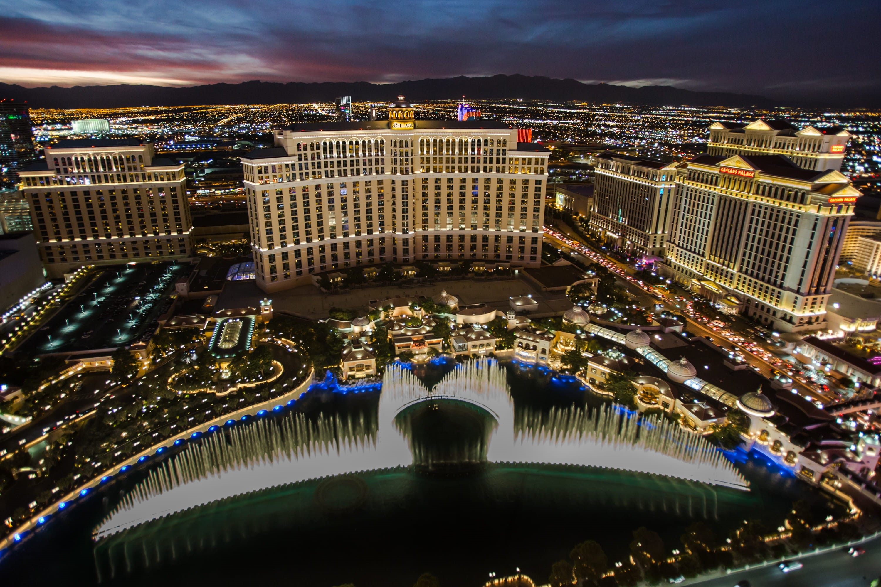 2K, dusk, sin city, illuminated, color, nature, golden hour, landscape, tourism, water, las vegas, travel destinations, nevada, casino, cityscape, fountain, HD Wallpaper