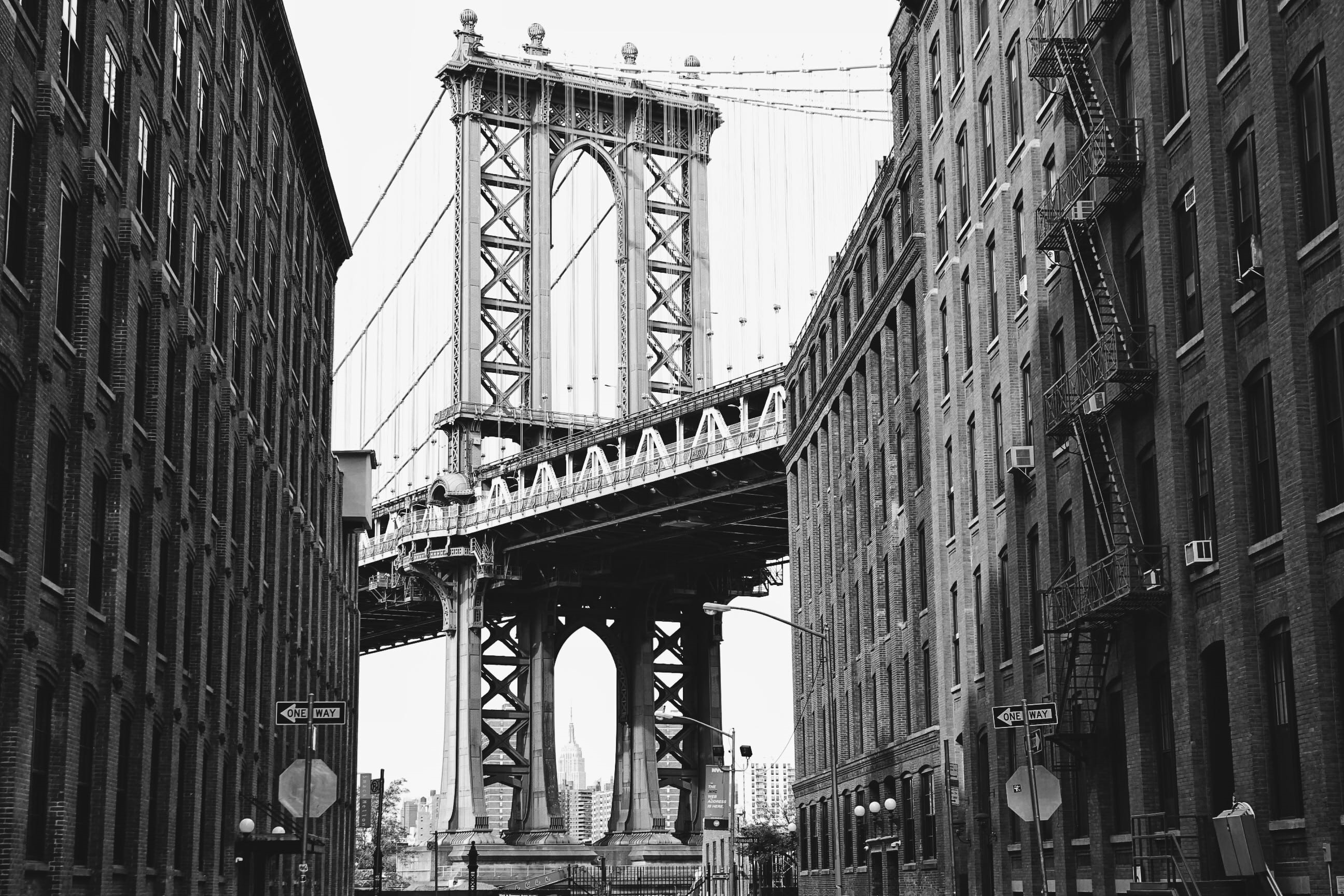 clear sky, architecture, 2K, outdoors, low angle view, manhattan bridge, built structure, building, brooklyn, skyscraper, nature, travel, transportation, HD Wallpaper
