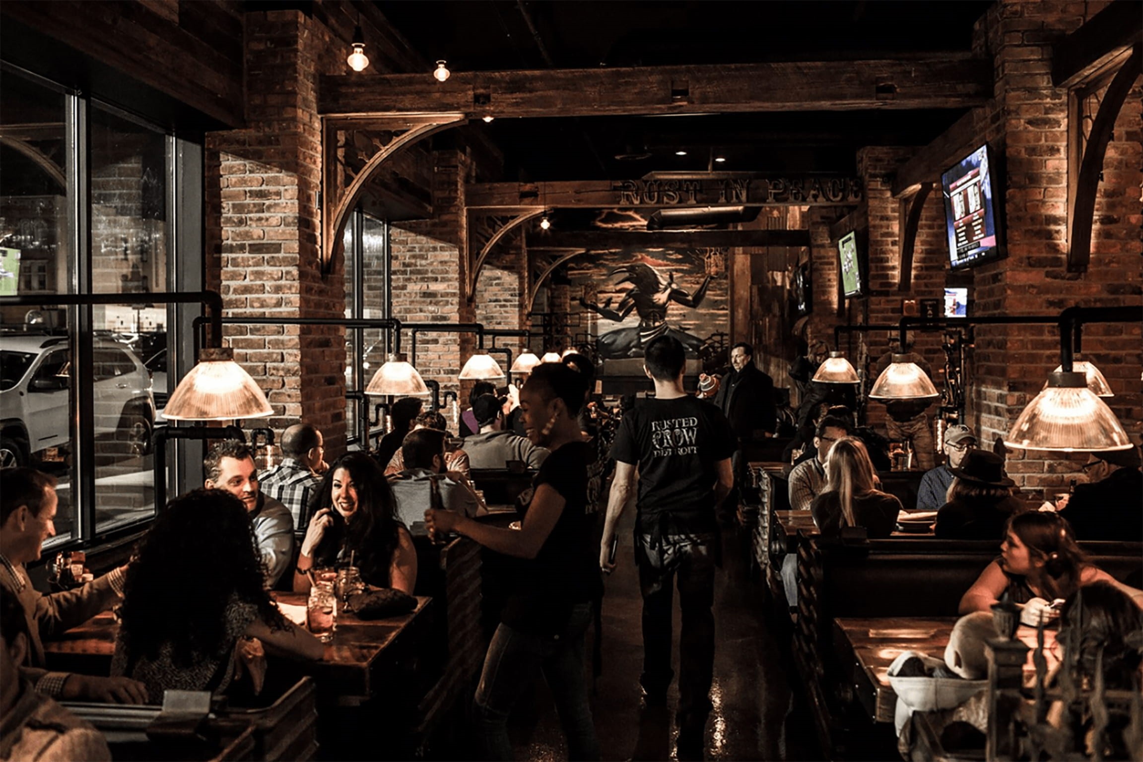 michigan, built structure, indoors, server, group of people, illuminated, brick, large group of people, leisure activity, lights, lighting equipment, 1080P, HD Wallpaper