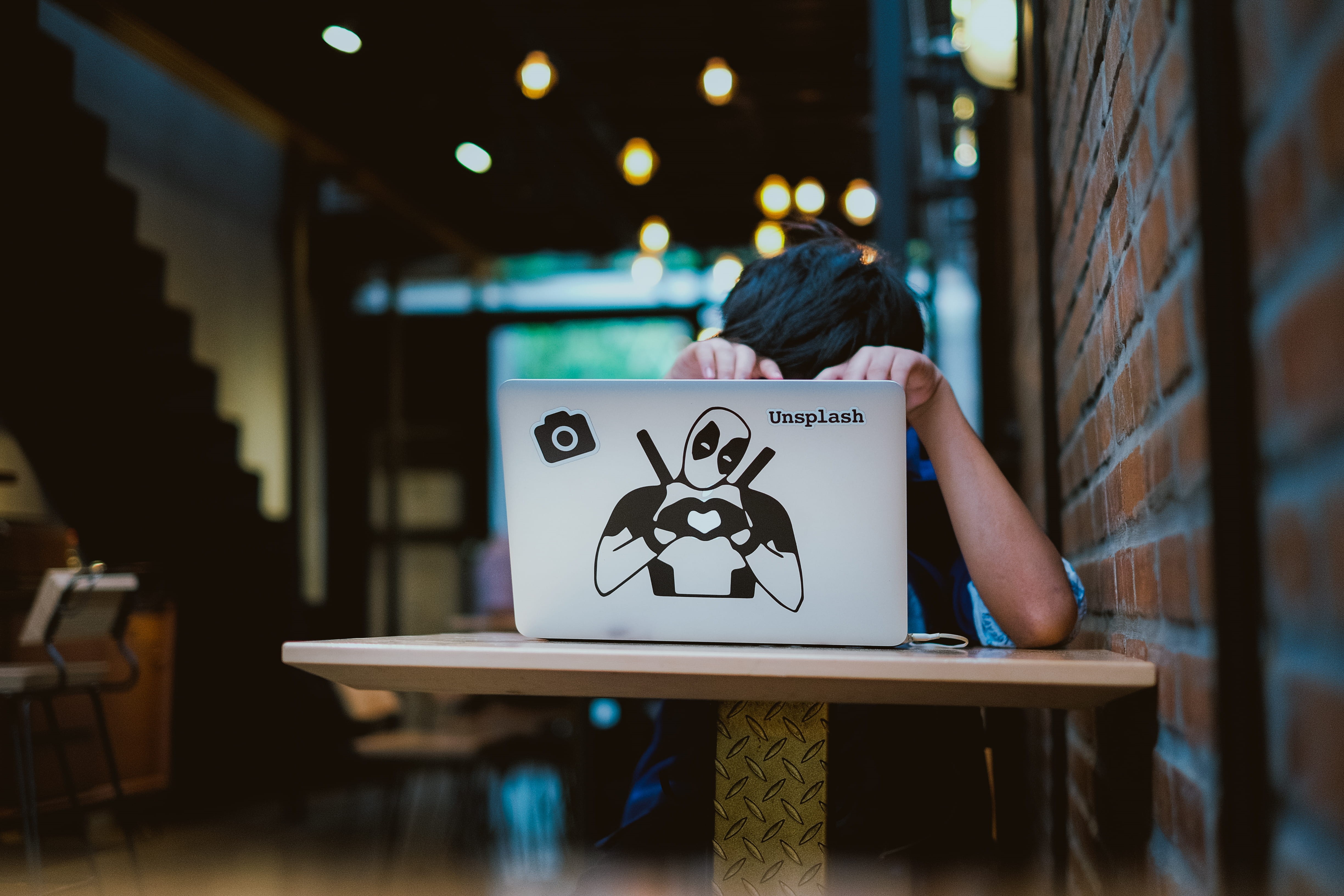 person, offspring, inside, real people, dim, table, adult, 4K, laptop, unsplash, lifestyles, chair, sitting, closeup, deadpool, indoors, activity, illuminated, HD Wallpaper