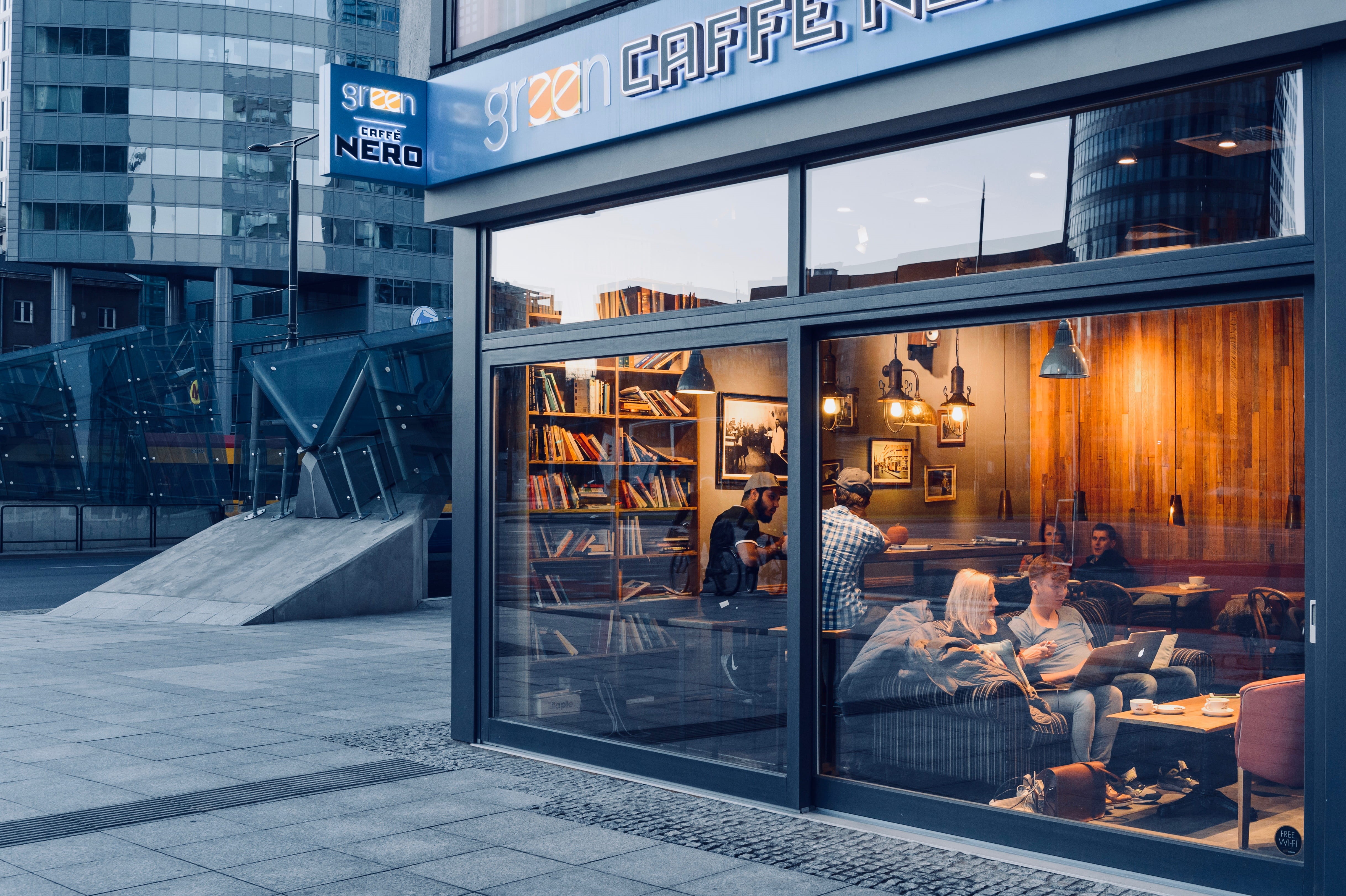 architecture, inside, 4K, caffe, group, facade, green, people, illuminated, daytime, society, luxury, building, glass - material, person, business, retail, HD Wallpaper