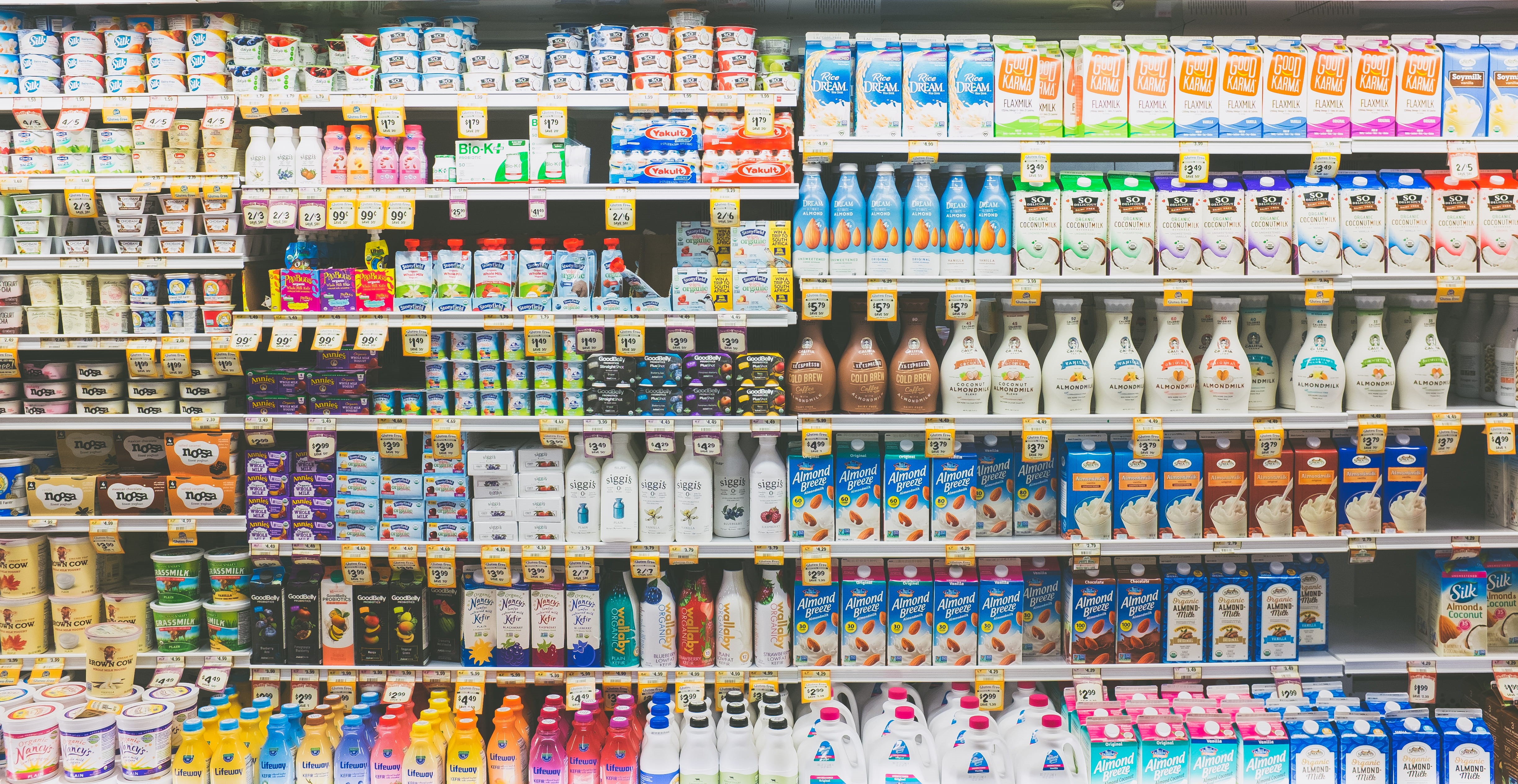variation, bottle, color, supermarket, 4K, shop, indoors, large group of objects, for sale, fridge, store, grocery store, refrigerator, almond milk, assorted, HD Wallpaper