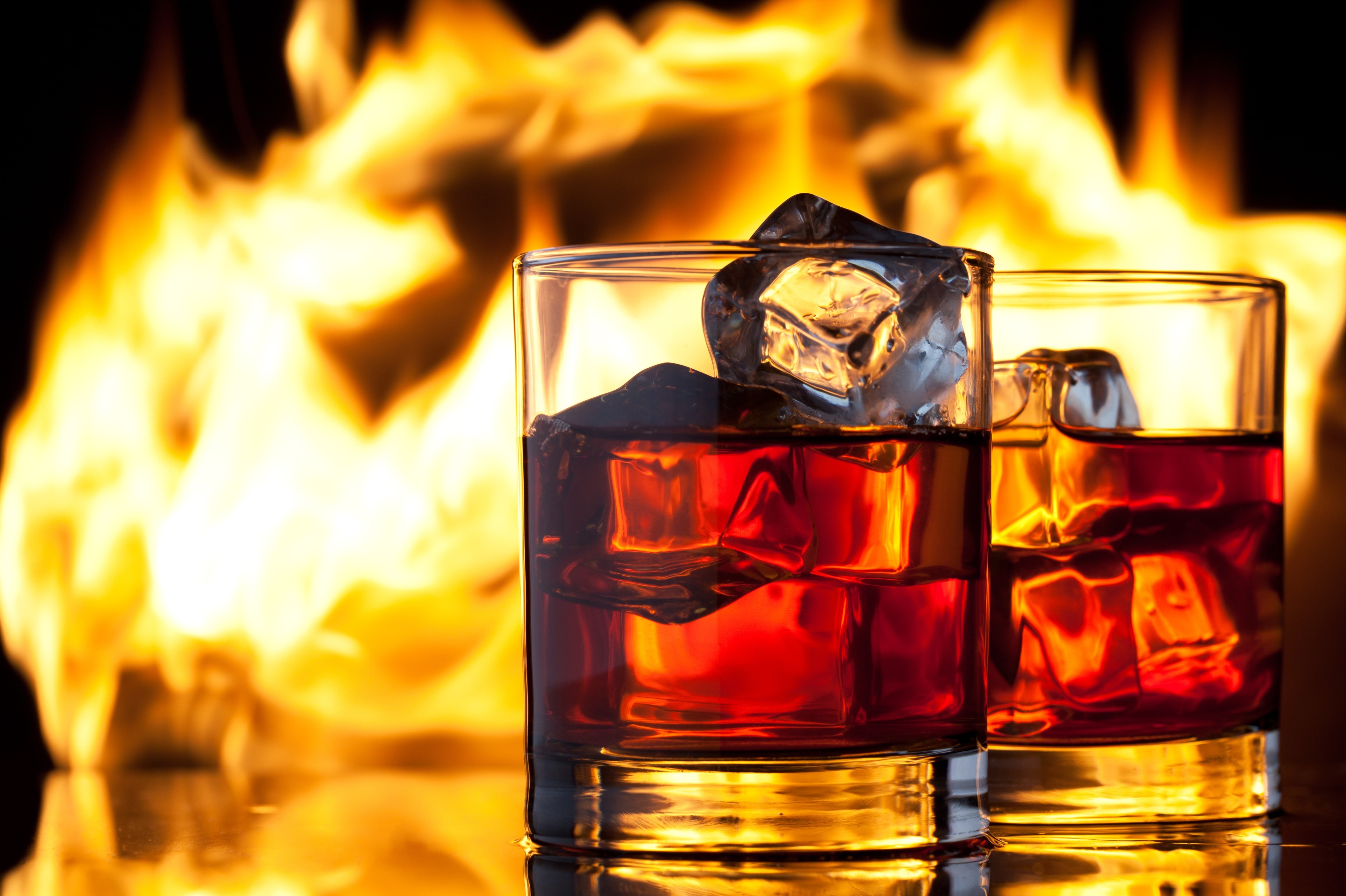 4K, black Color, brandy, fire, nature, drinking, clear, whiskey, glass - material, alcohol, orange Color, cognac - Brandy, food and drink, ice cube, drink, HD Wallpaper